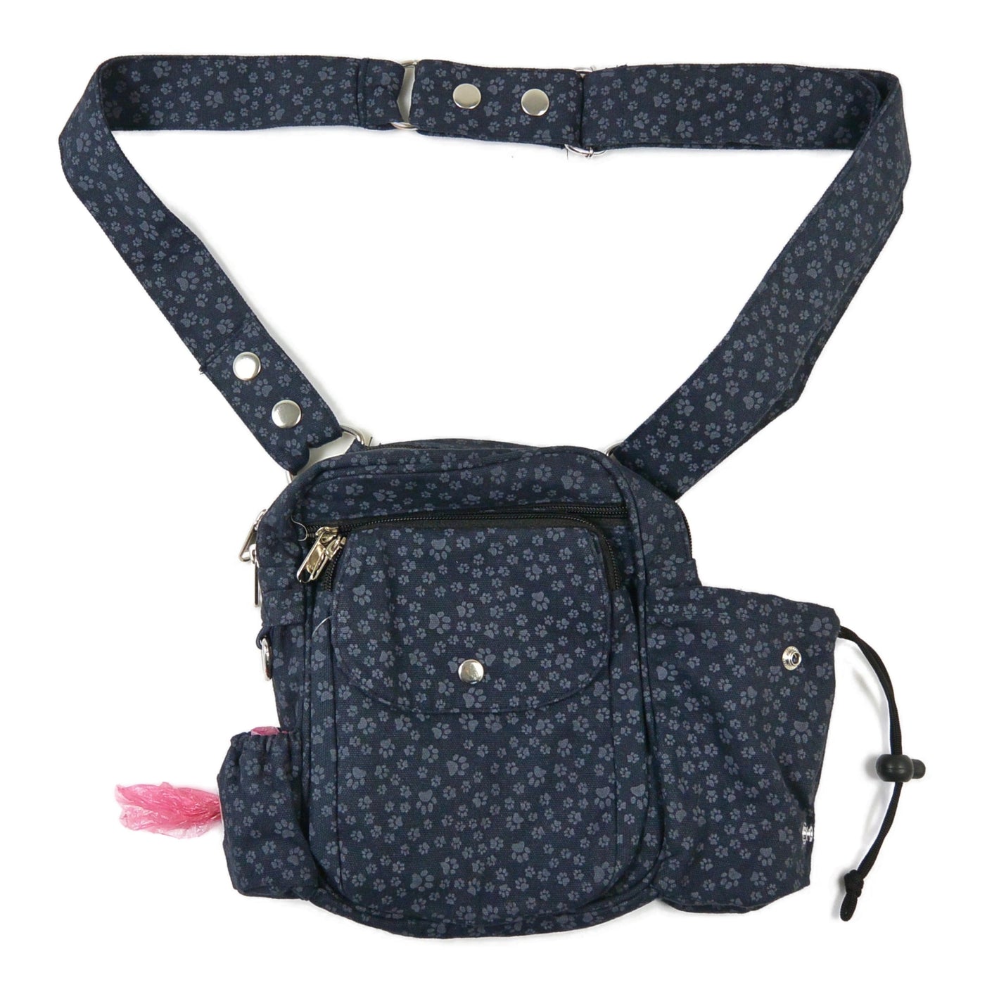 Die Tasche ist mit verstellbarem Gurt, rosa Kotbeutelrolle und Flaschenfach ausgestattet.