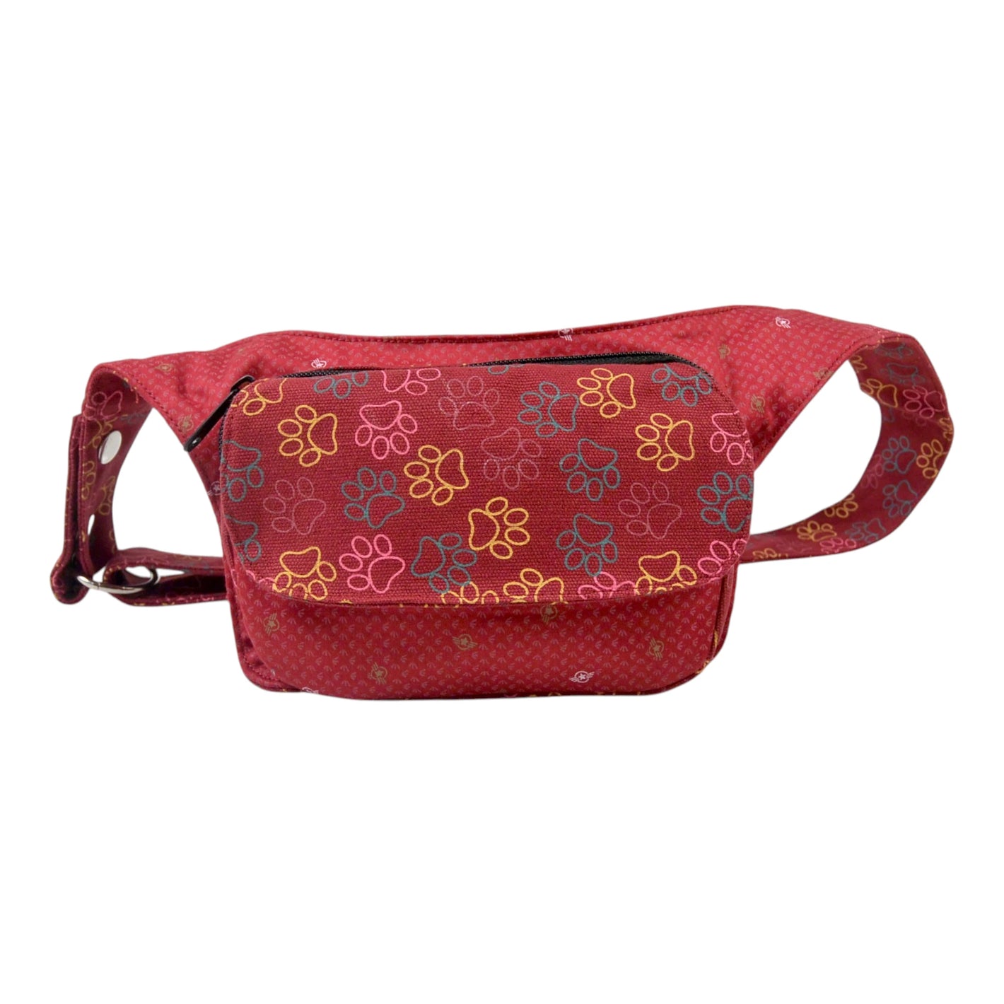 Kleine horizontale Gassi-Tasche aus Baumwoll-Canvas in Rot mit buntem Pfotenmuster