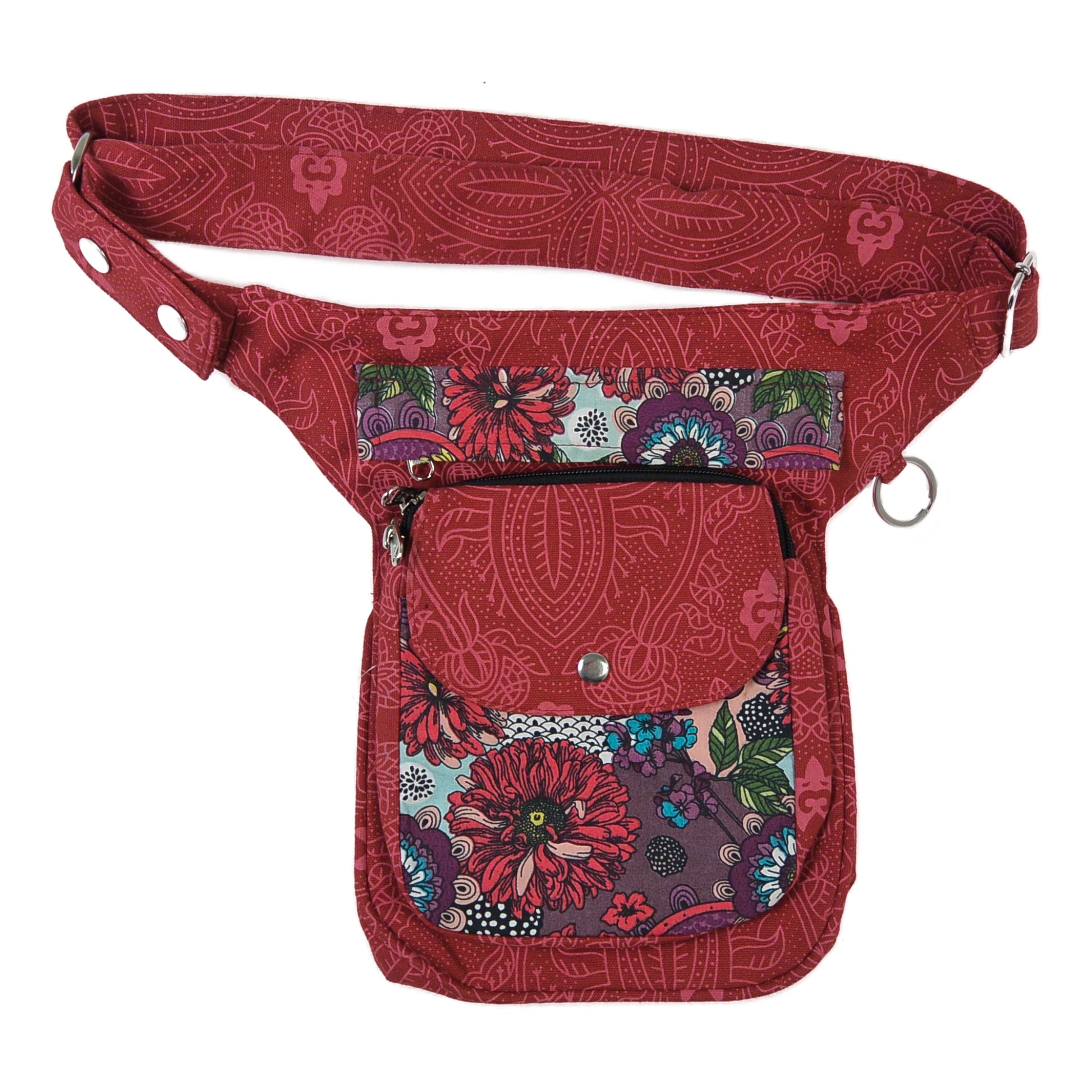 Rote Nijens Gassi-Tasche Hannover mit floralem Print auf der Fronttasche, Vorderansicht