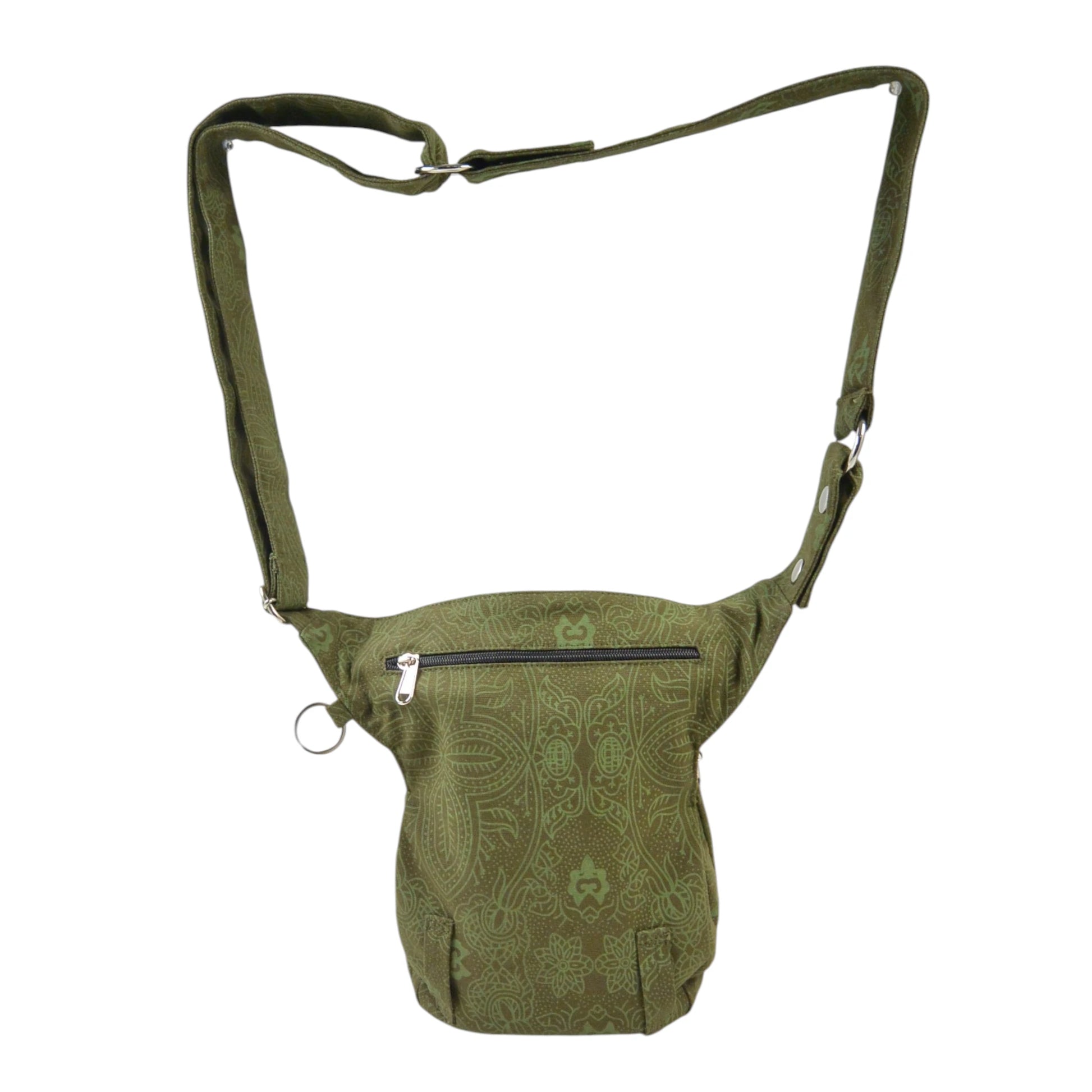 Khakifarbene Gassi-Tasche Super Hannover mit dezentem Ethno-Muster, praktischen Fächern. Rückansicht.