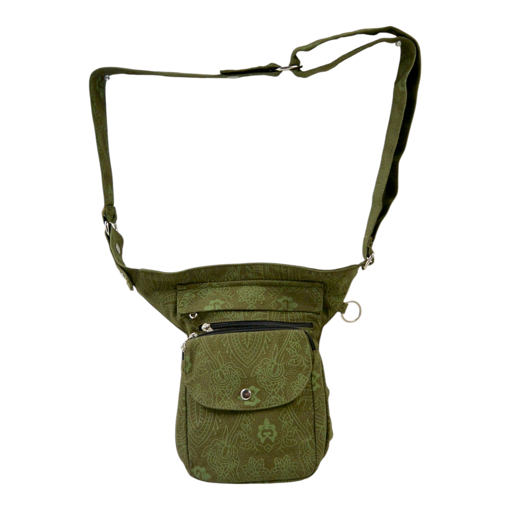 Khakifarbene Gassi-Tasche mit dezentem Ethno-Muster, praktischen Fächern. Frontalansicht.