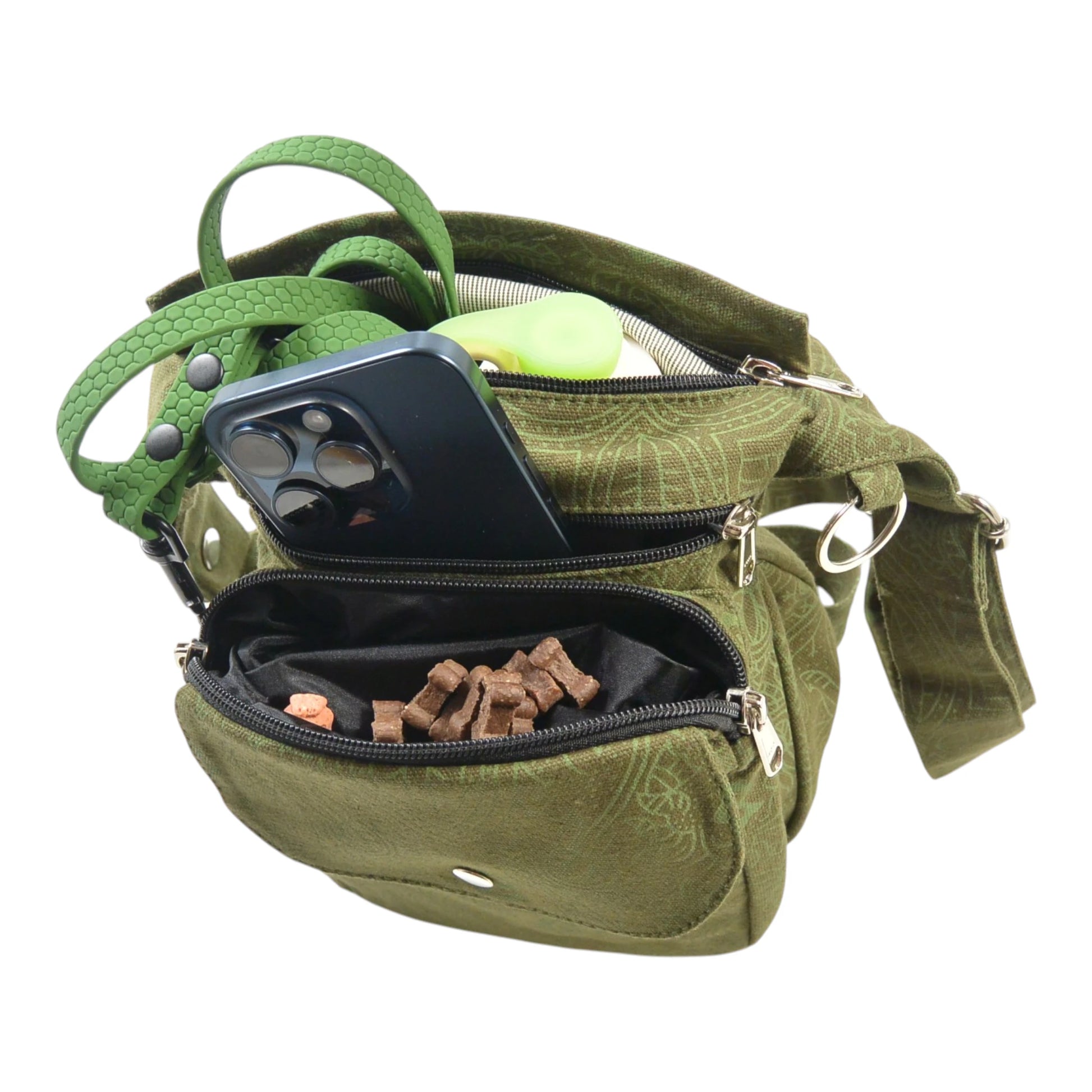 Khakifarbene Gassi-Tasche Super Hannover mit Ethno-Muster, Leckerlifach, Handyfach und Hundeleine