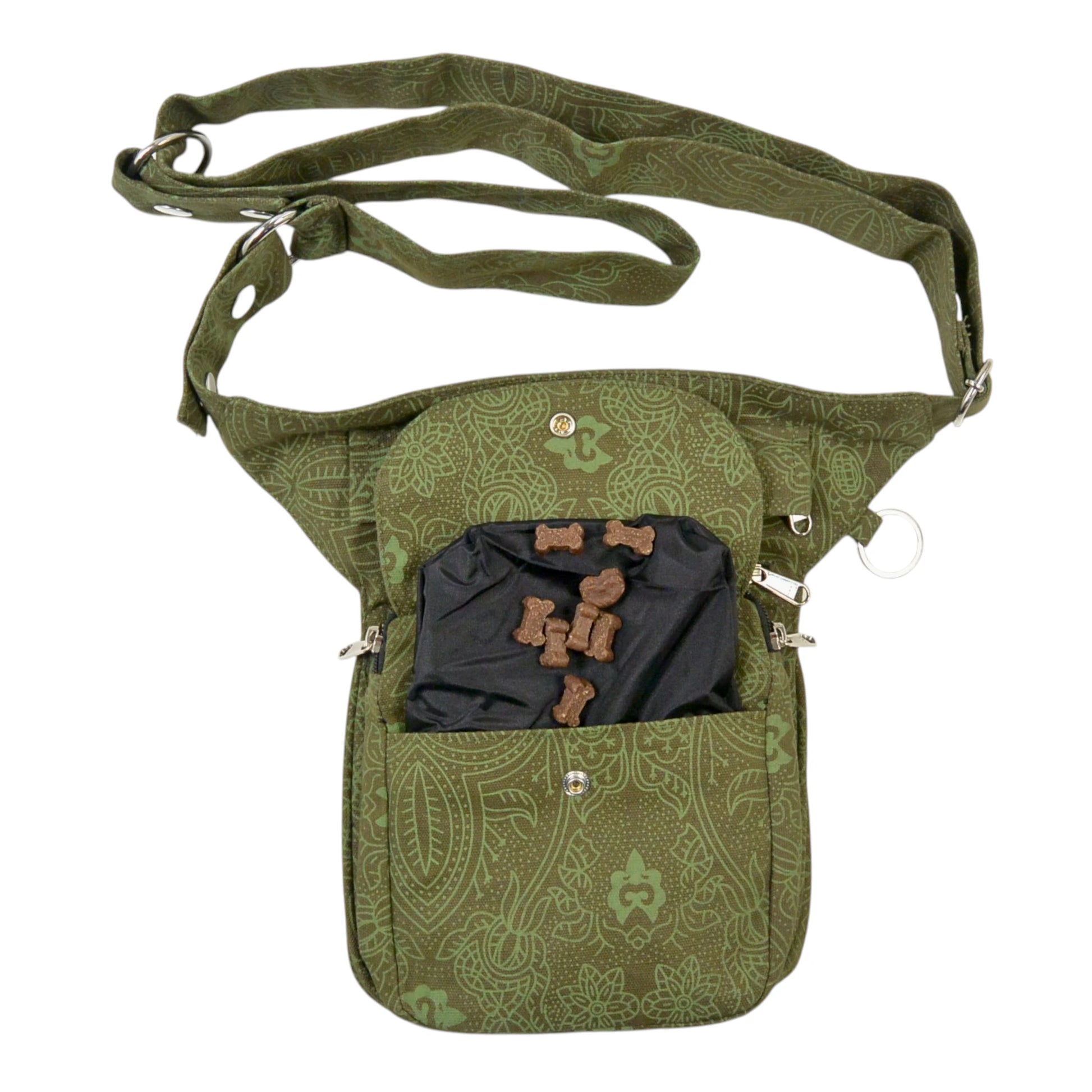 Gassi-Tasche Super Hannover in Khaki mit geöffnetem, auswaschbarem Leckerlifach und Ethno-Muster