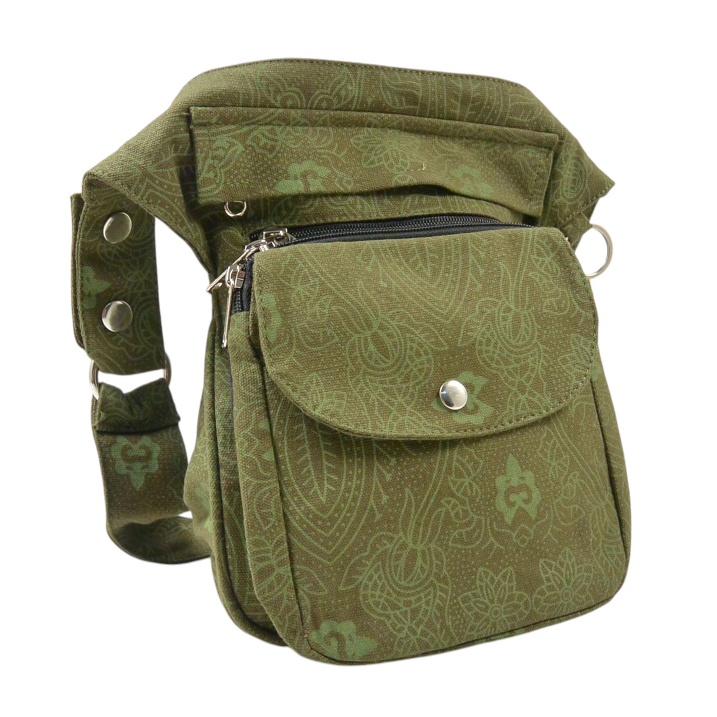 Khakifarbene Gassi-Tasche Super Hannover mit dezentem Ethno-Muster, praktischen Fächern. Frontalansicht.