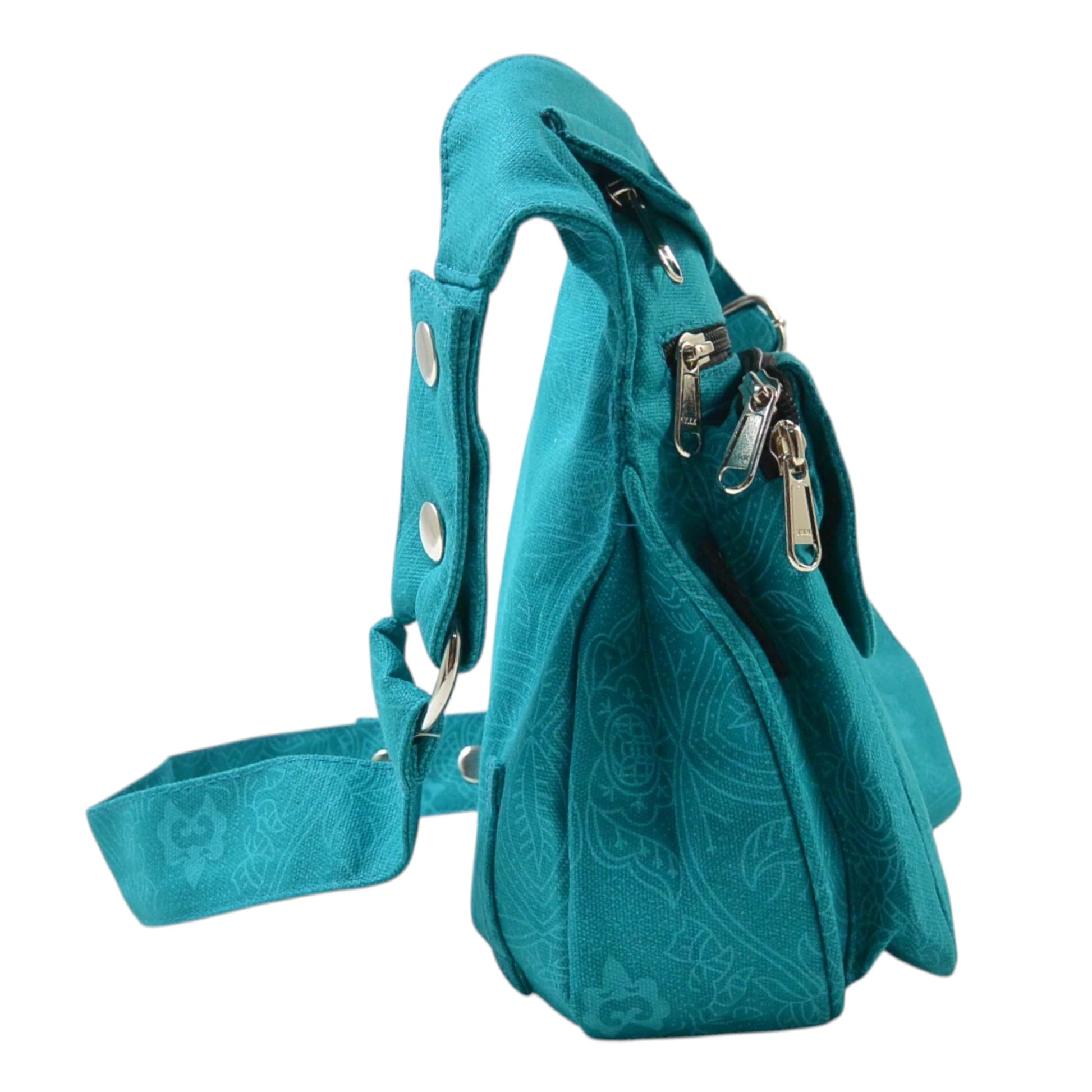 Türkisfarbene Gassi-Tasche Super Hannover mit Ethno-Muster - Seitenansicht.