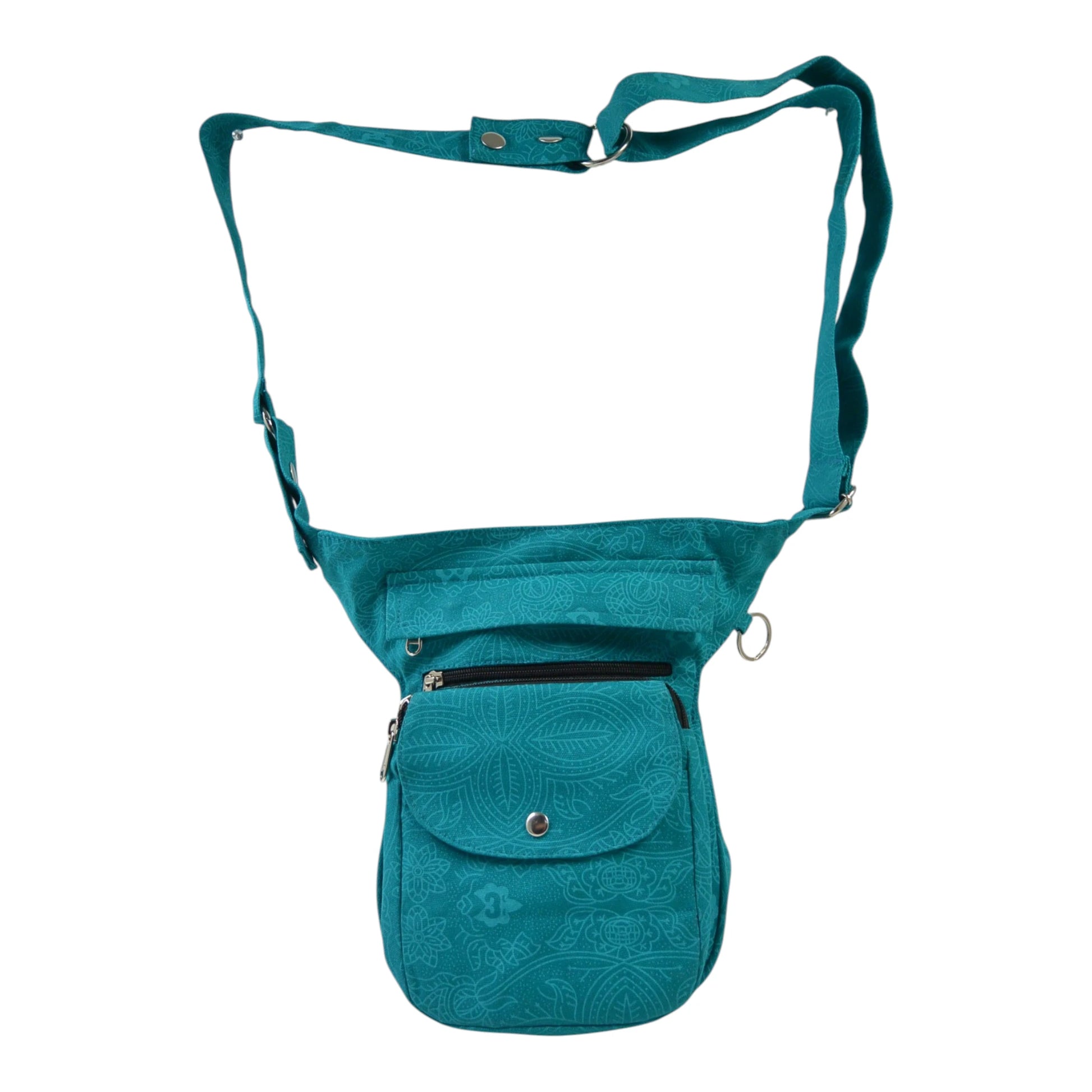 Türkisfarbene Gassi-Tasche Super Hannover mit Ethno-Muster - Frontalansicht.