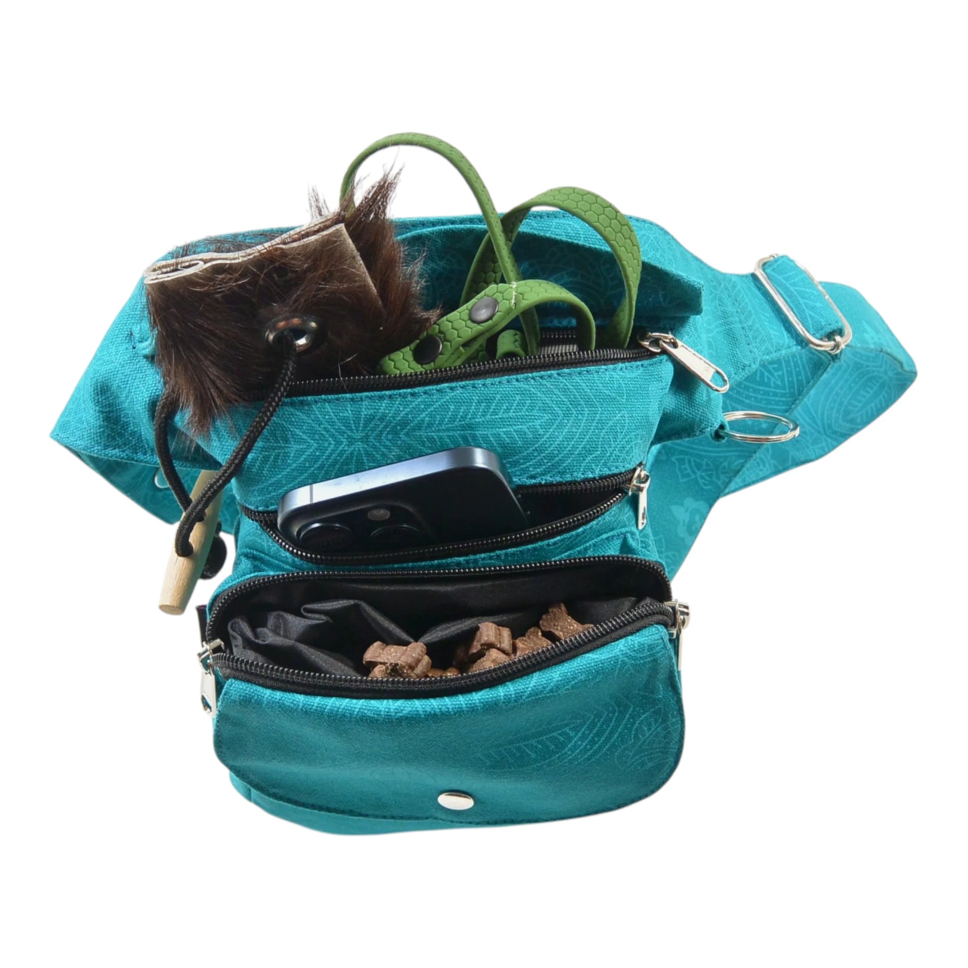 Türkisifarbene Gassi-Tasche Super Hannover mit Ethno-Muster, Leckerlifach, Handyfach und Hundeleine