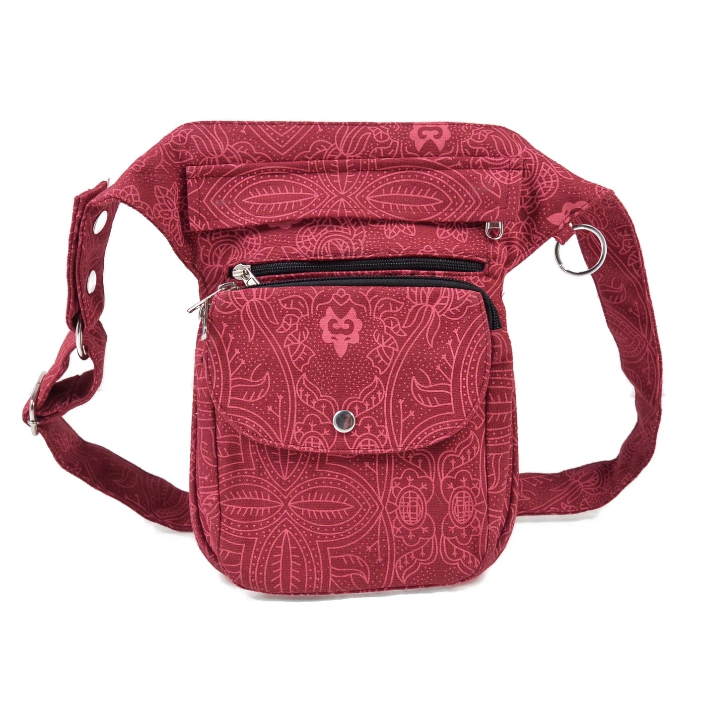 Gassitasche in Rot für Hundespaziergänge – mit Leckerlifach, Handyfach & verstellbarem Gurt. Frontansicht.