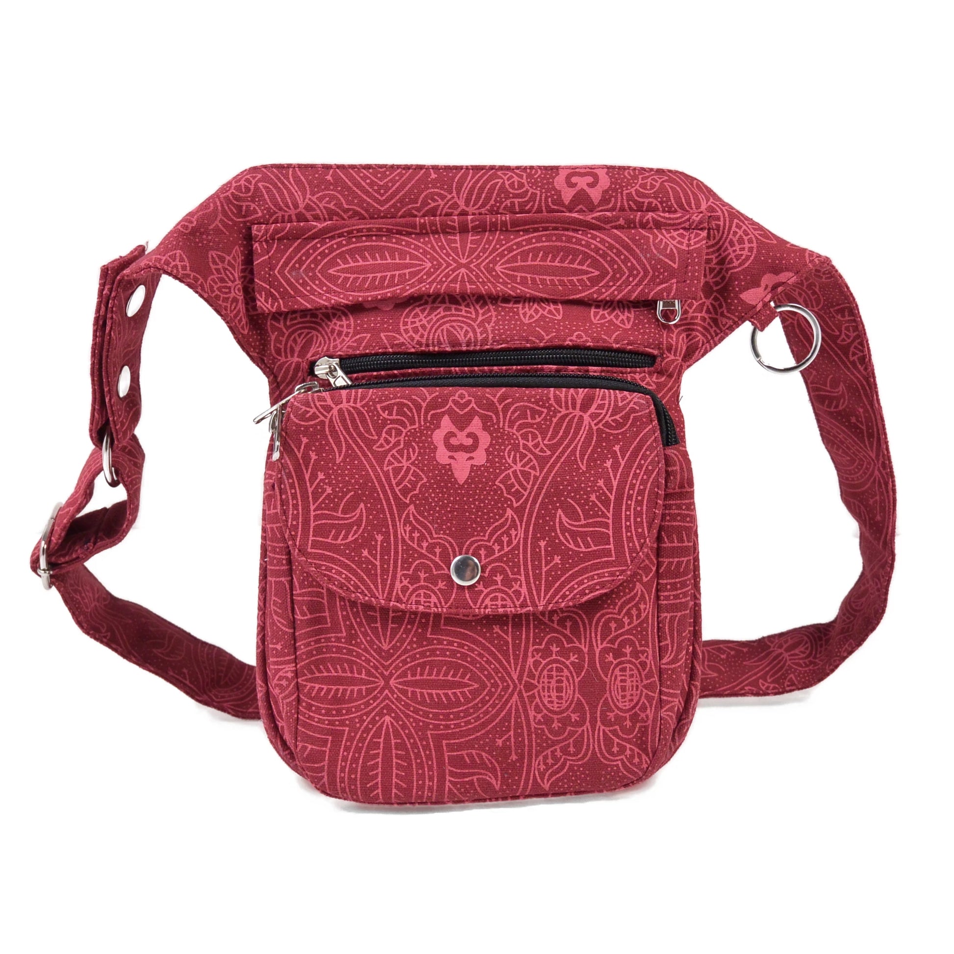 Gassitasche in Rot für Hundespaziergänge – mit Leckerlifach, Handyfach & verstellbarem Gurt. Frontansicht.