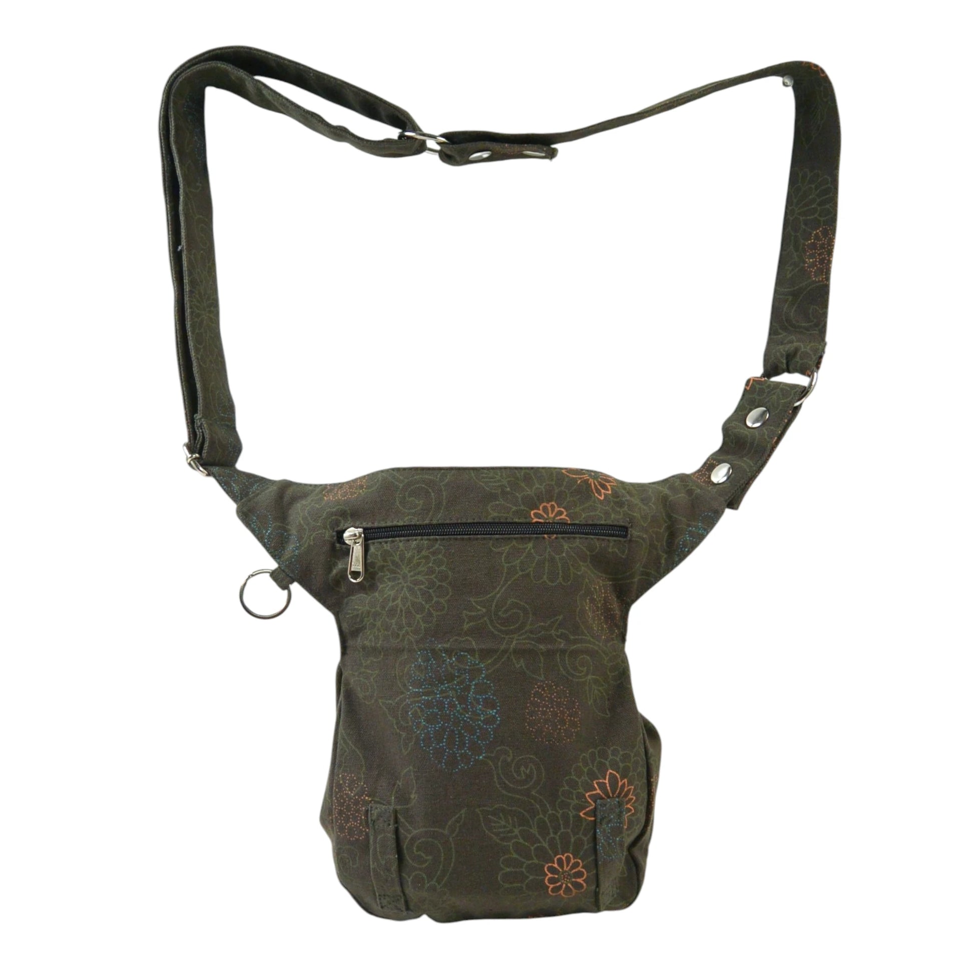 Olivgrüne Gassi-Tasche Super Hannover mit Ethno-Muster, Rückansicht.