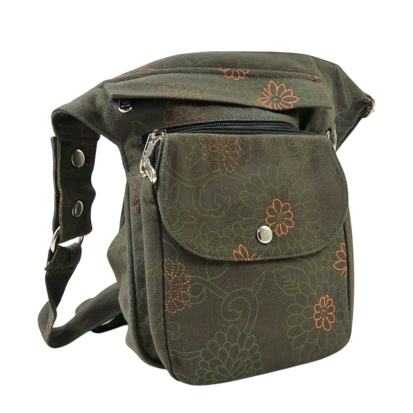Olivgrüne Gassi-Tasche Super Hannover mit dezentem Ethno-Muster, praktischen Fächern. Frontalansicht.