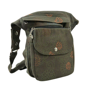 Olivgrüne Gassi-Tasche Super Hannover mit dezentem Ethno-Muster, praktischen Fächern. Frontalansicht.