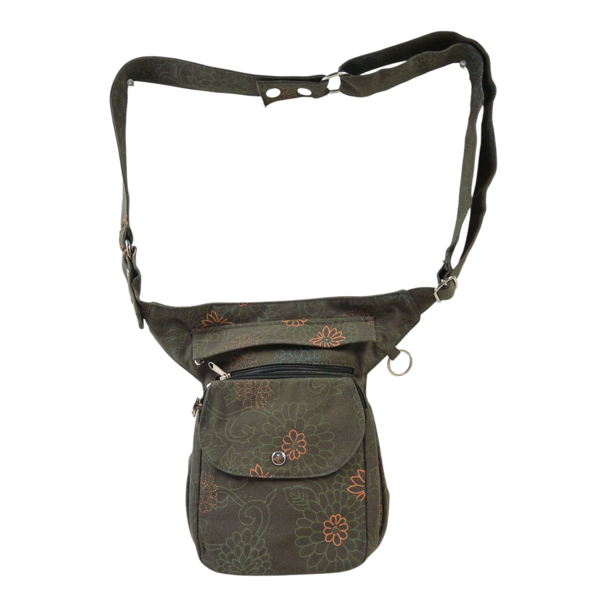 Olivgrüne Gassi-Tasche Super Hannover mit Ethno-Muster, Frontalansicht.