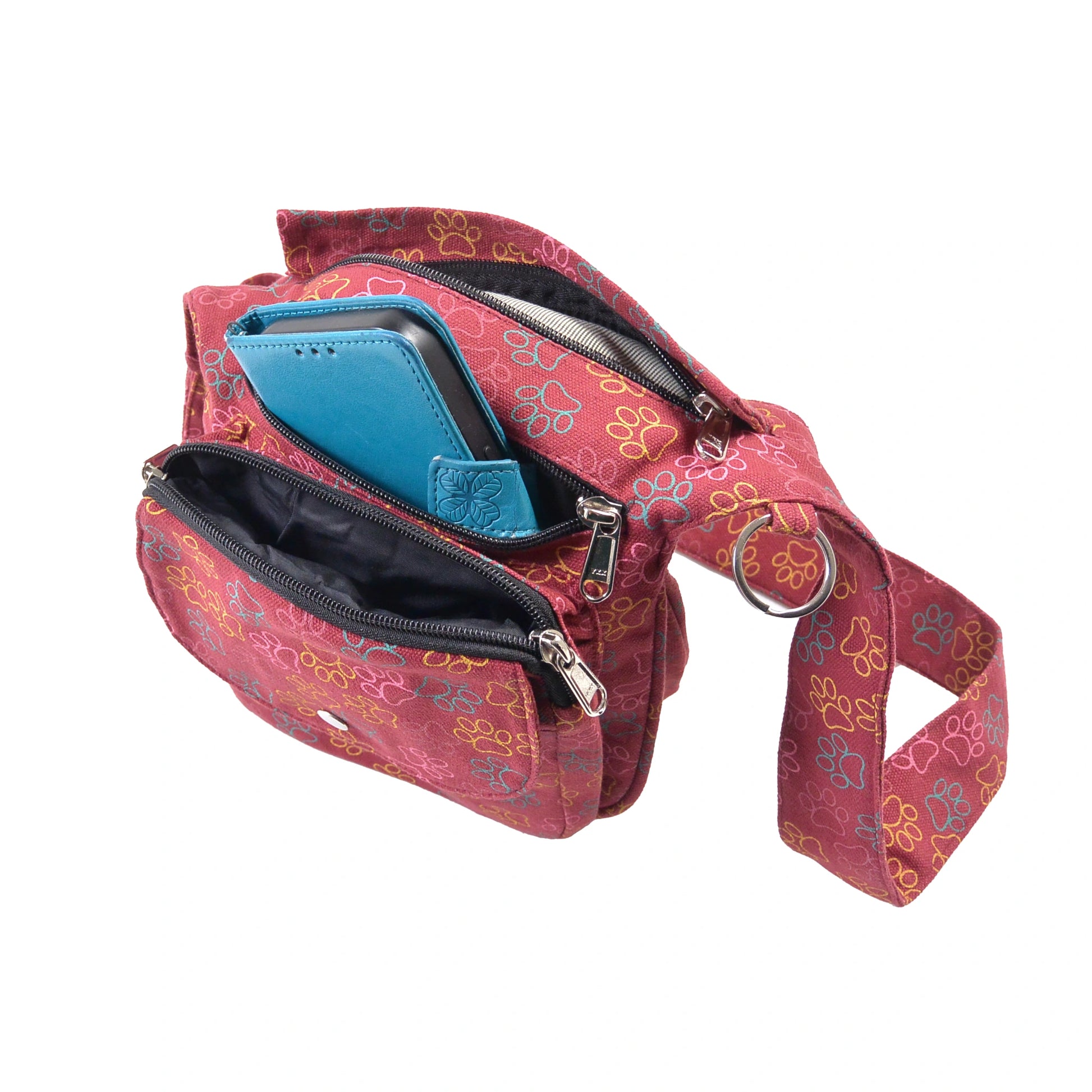 Gassitasche mit Pfotenmuster in Orange-Rot für Hundespaziergänge – mit Leckerlifach, Handyfach. 