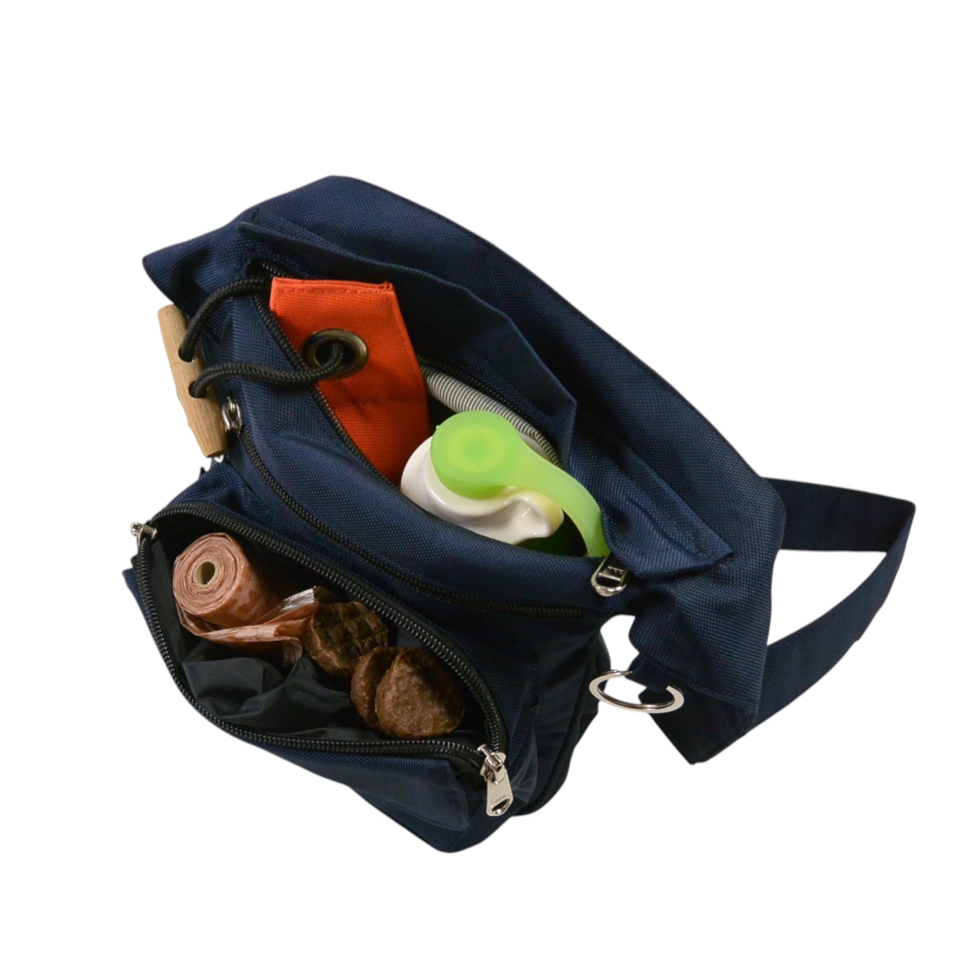 Nijens Gassi-Tasche blau mit organisiertem Innenraum, Leckerlis, Kotbeutelspender, Wurf-Dummy und Trinkflasche für Hundespaziergang