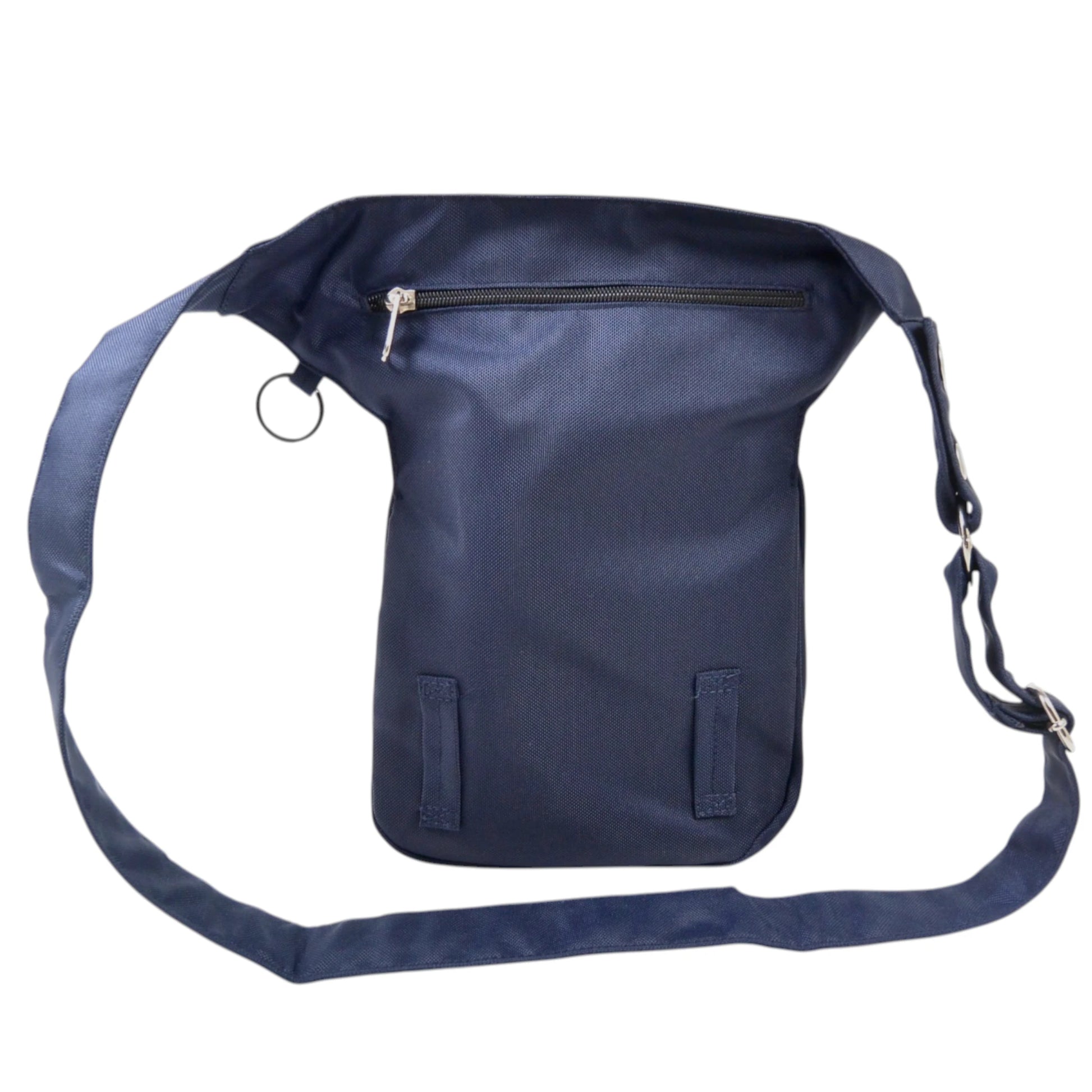 Rückansicht der wasserabweisenden Nijens Gassi-Tasche blau mit Reißverschlussfach und verstellbarem Schultergurt