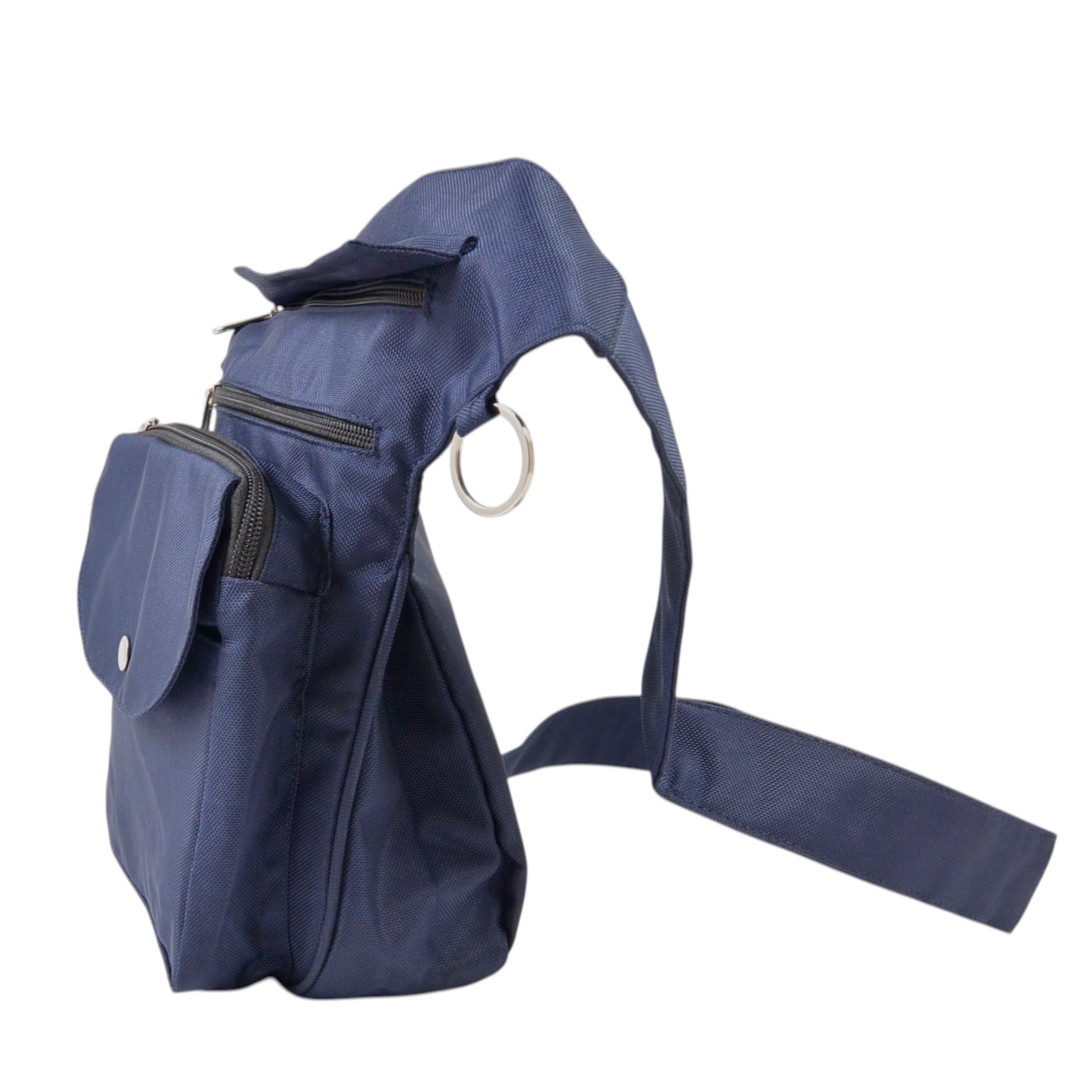 Seitenansicht der wasserabweisenden Nijens Gassi-Tasche blau mit Reißverschlussfach und verstellbarem Schultergurt