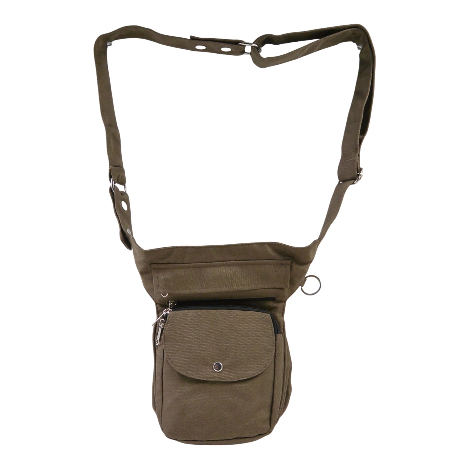 Frontansicht der wasserabweisenden Gassi-Tasche Super-Hannover in Braun mit verstellbarem Schultergurt und mehreren integrierten Taschen
