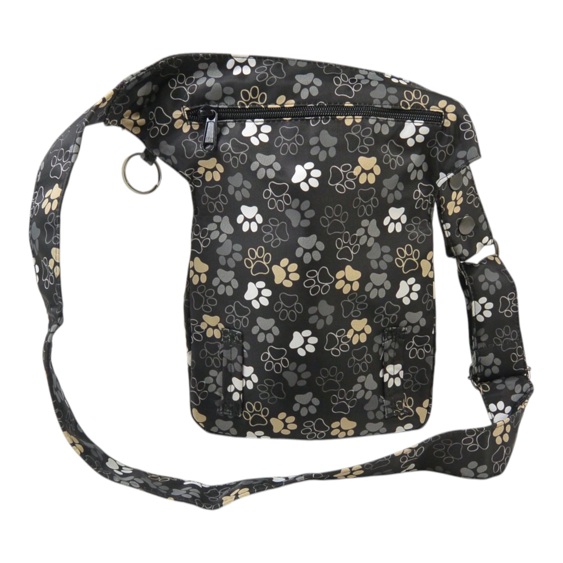 Rückansicht der Gassi-Tasche im Pfoten-Design mit extra Fach und Schlaufen zur Befestigung eines Beingurtes - Super-Hannover 71038 Nijens