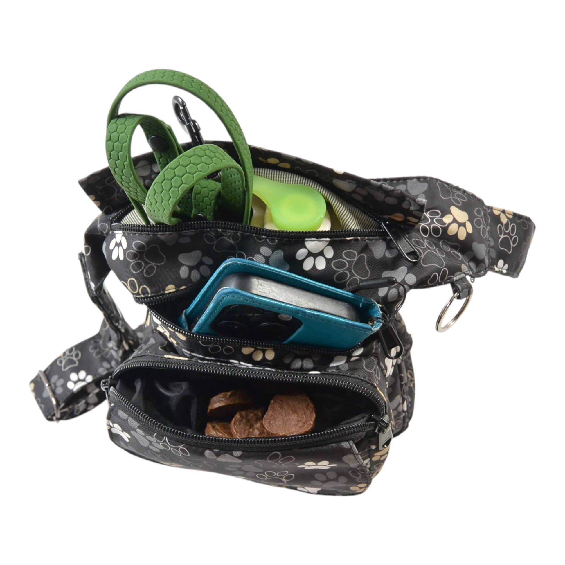 Wasserabweisende Gassi-Tasche in Schwarz-Weiß im Pfoten-Design mit Leckerlifach und Smartphone - Super-Hannover 71038 Nijens