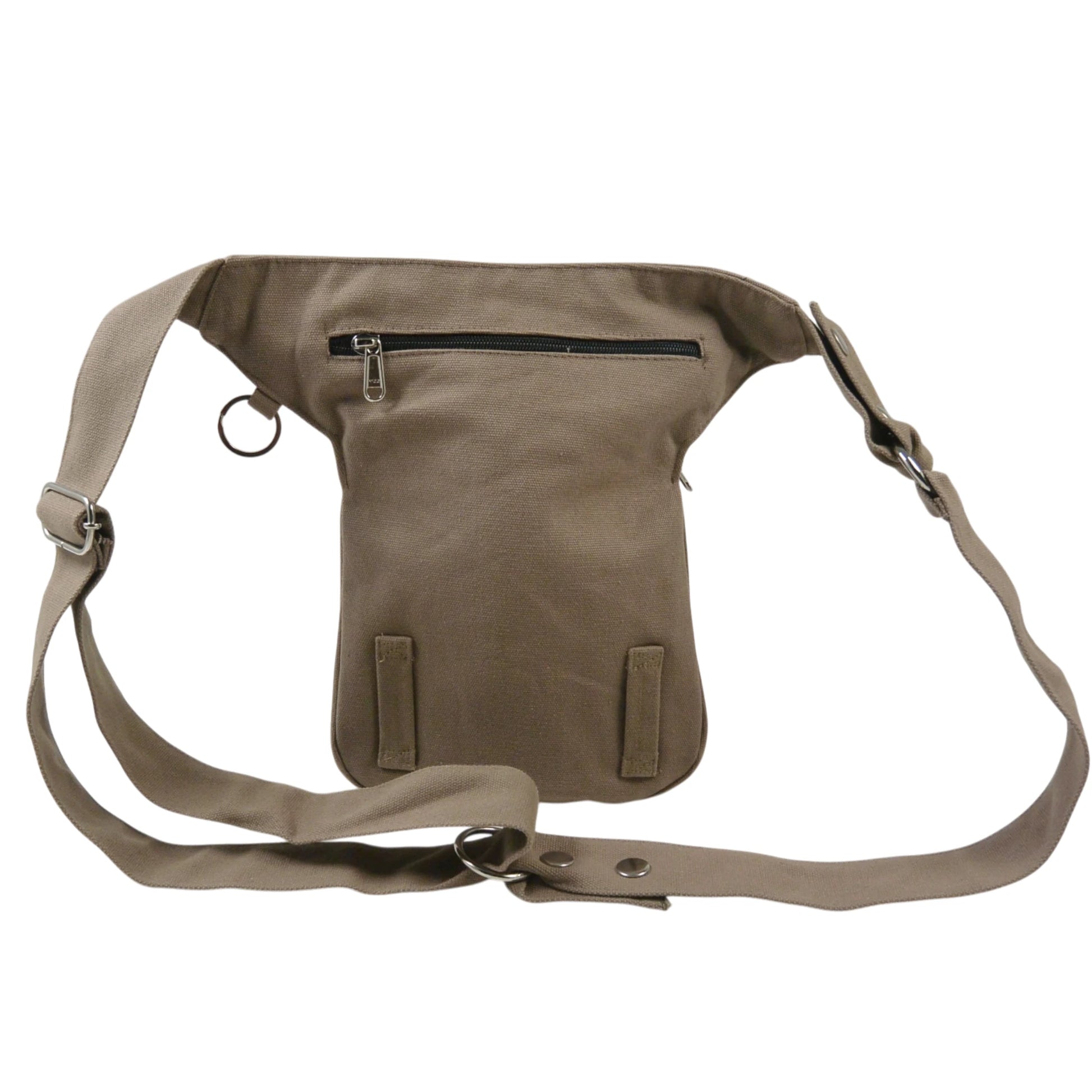 Rückansicht der Canvas-Gassi-Tasche Super-Hannover mit verstellbarem Schultergurt, Reißverschlussfach und Metallringen zur Befestigung von Zubehör