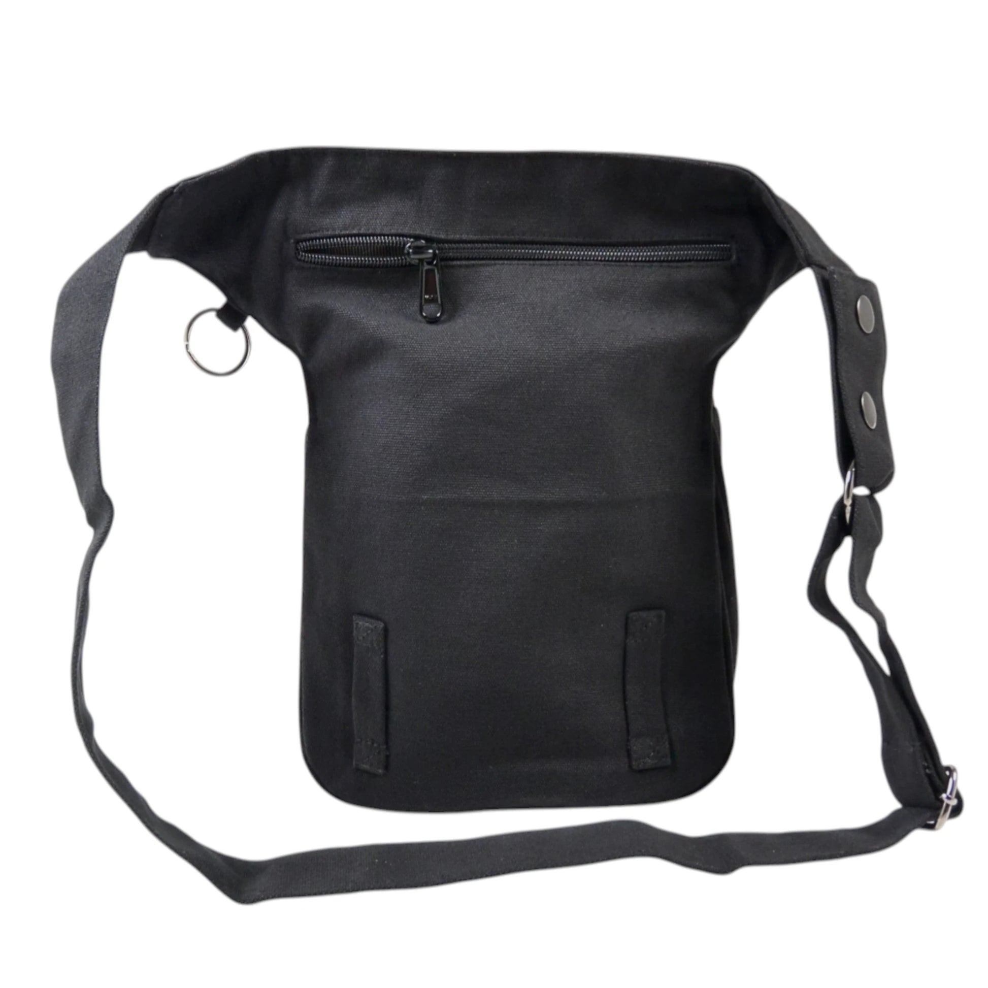 Frontansicht der schwarzen Unisex Gassi-Tasche mit Reißverschlussfach und verstellbarem Gurt. Rückansicht.