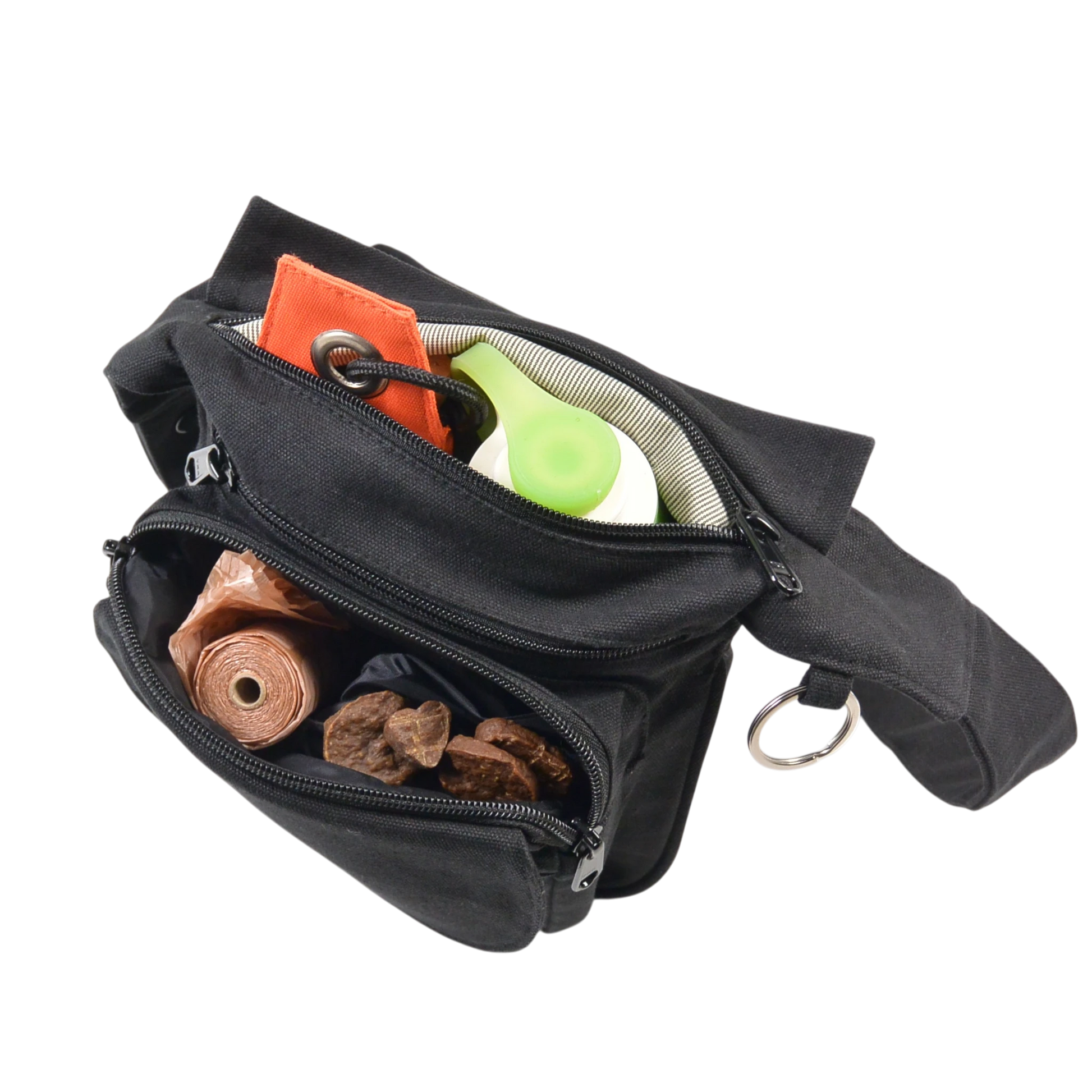 Schwarze wasserabweisende Bauchtasche für Männer offen mit Leckerlis, Hundekotbeutel, Flasche und mehreren Fächern organisiert