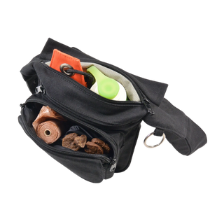 Schwarze wasserabweisende Bauchtasche für Männer offen mit Leckerlis, Hundekotbeutel, Flasche und mehreren Fächern organisiert