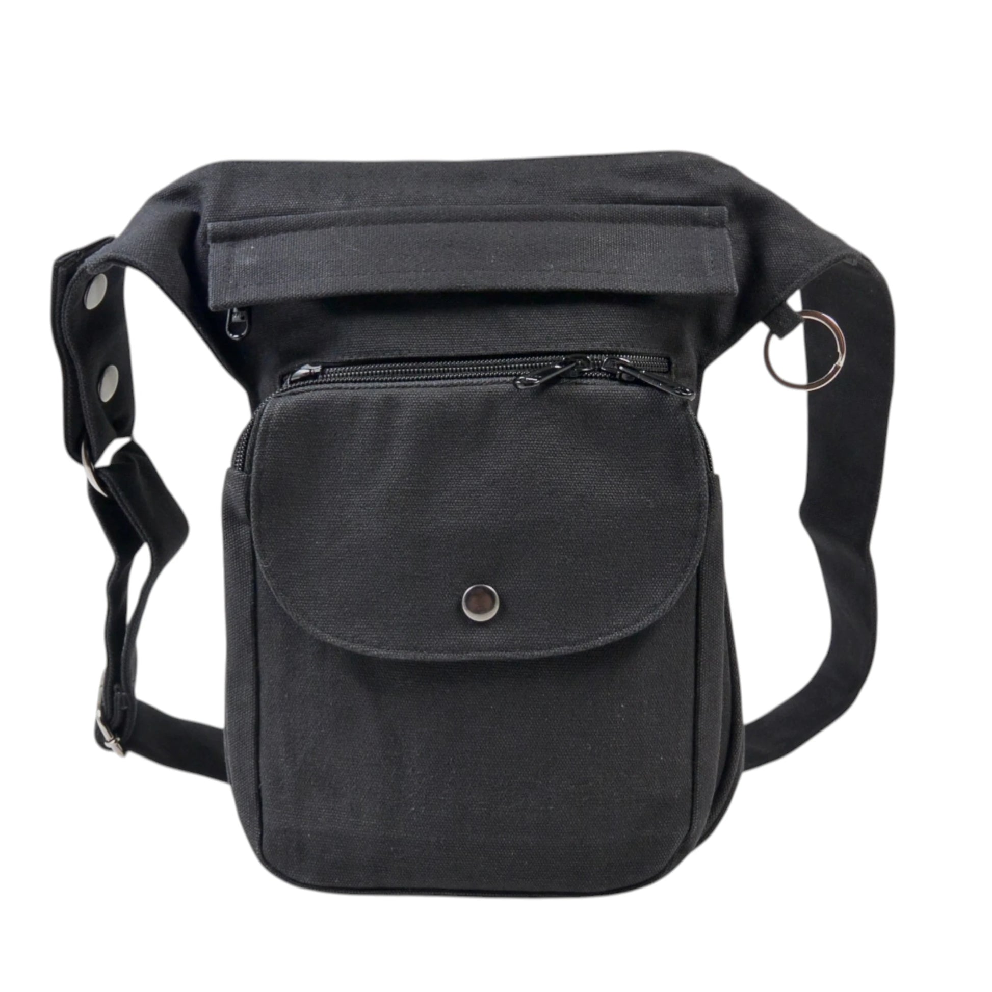 Frontansicht der schwarzen Unisex Gassi-Tasche mit Reißverschlussfächern und verstellbarem Gurt