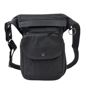 Frontansicht der schwarzen Unisex Gassi-Tasche mit Reißverschlussfächern und verstellbarem Gurt