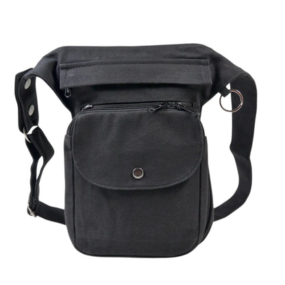 Frontansicht der schwarzen Unisex Gassi-Tasche mit Reißverschlussfächern und verstellbarem Gurt