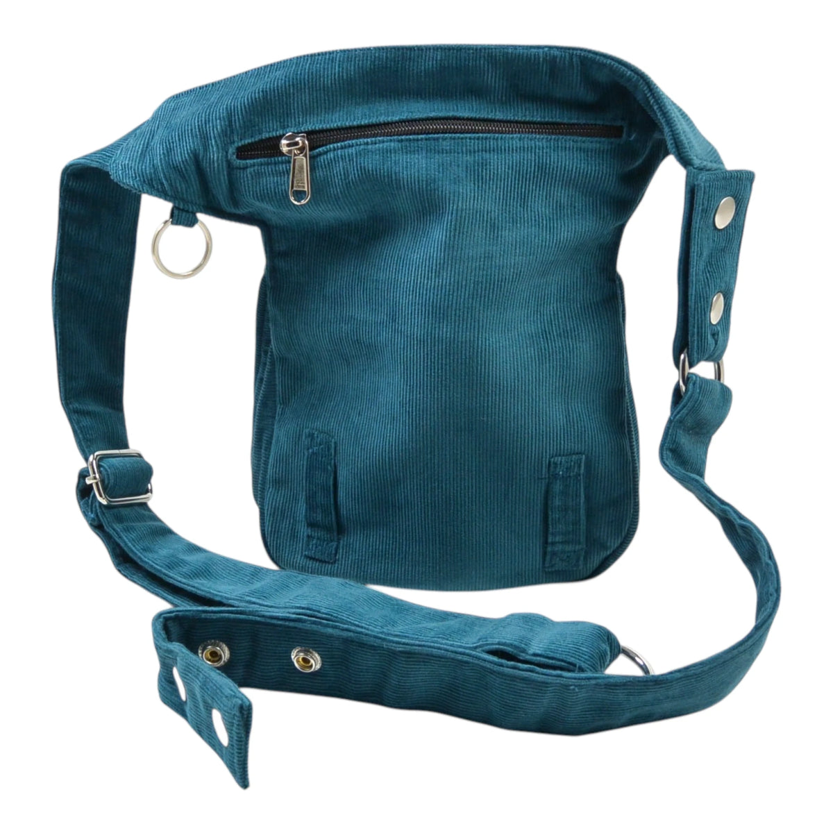 Rückseite der Cord-Gassi-Tasche in Petrol – stilvoll & praktisch mit Druckknopf, Reißverschlussfächern und Gürtel-Verlängerung.