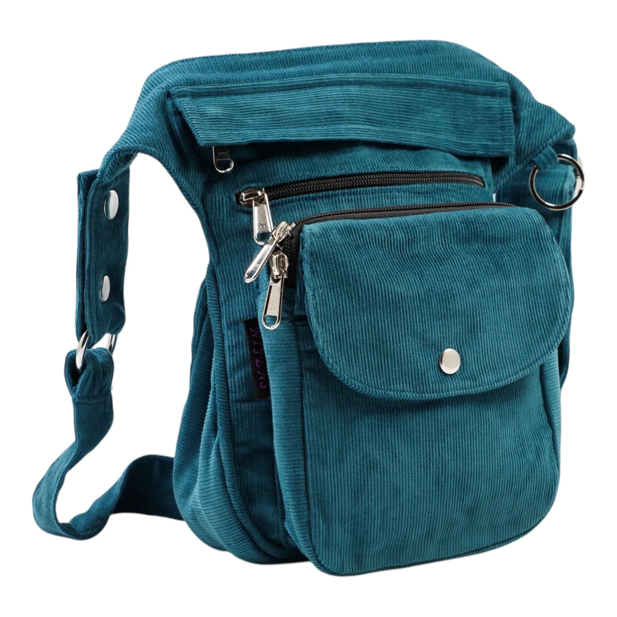 Seitenansicht der Cord-Gassi-Tasche in Petrol – stilvoll & praktisch mit Druckknopf, Reißverschlussfächern und Gürtel-Verlängerung.