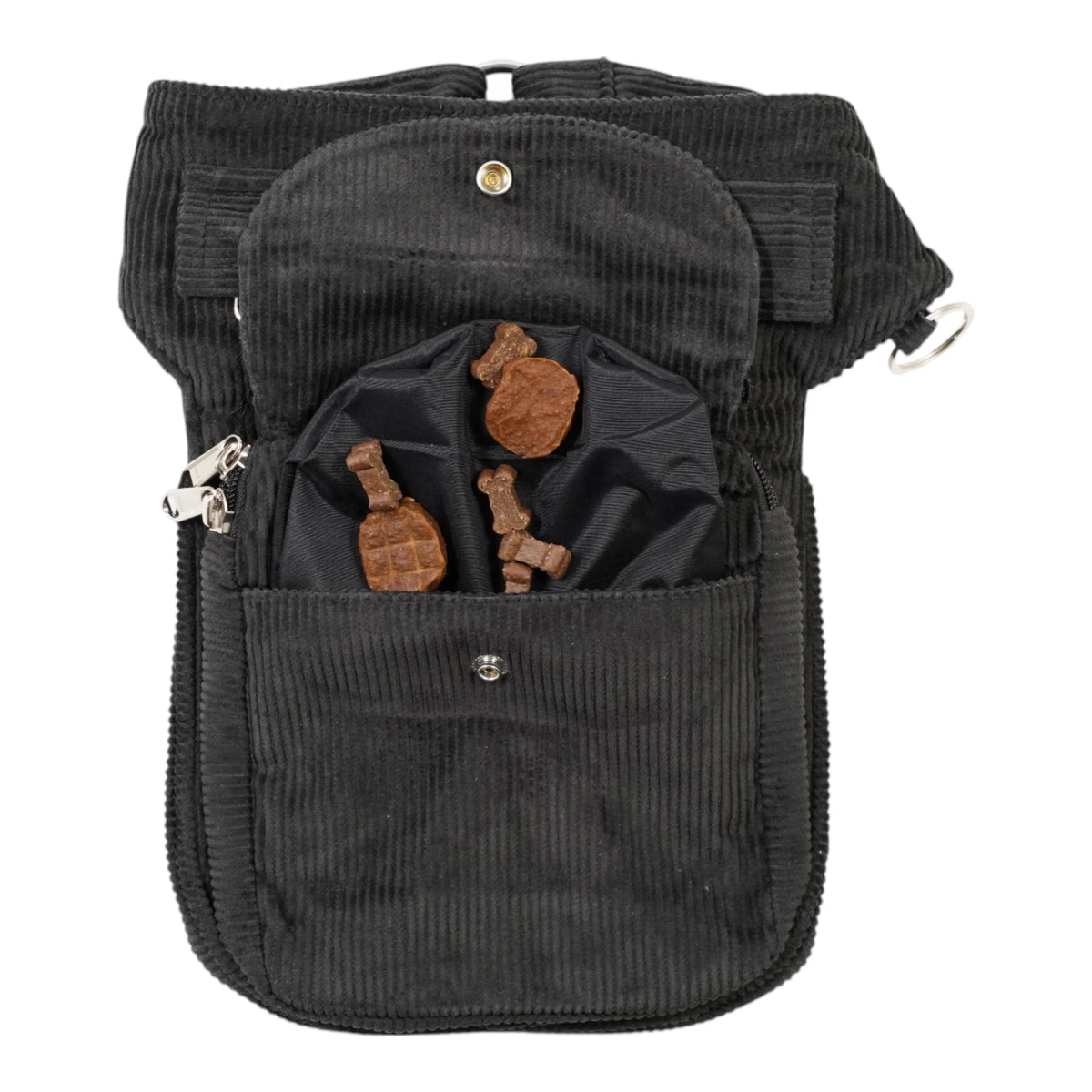 Geöffnete Gassi-Tasche aus Cord Anthrazit mit Hundesnacks – ideal für Training & Alltag mit deinem Vierbeiner.