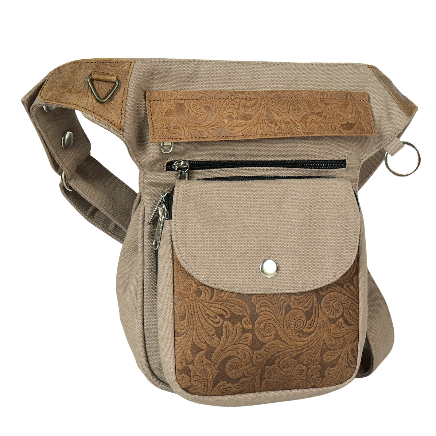 Gassitasche Super-Hannover aus Canvas und echtem Leder in Beige mit geprägtem Lederpatch, Frontansicht