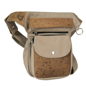 Gassitasche Super-Hannover aus Canvas und echtem Leder in Beige mit geprägtem Lederpatch, Frontansicht