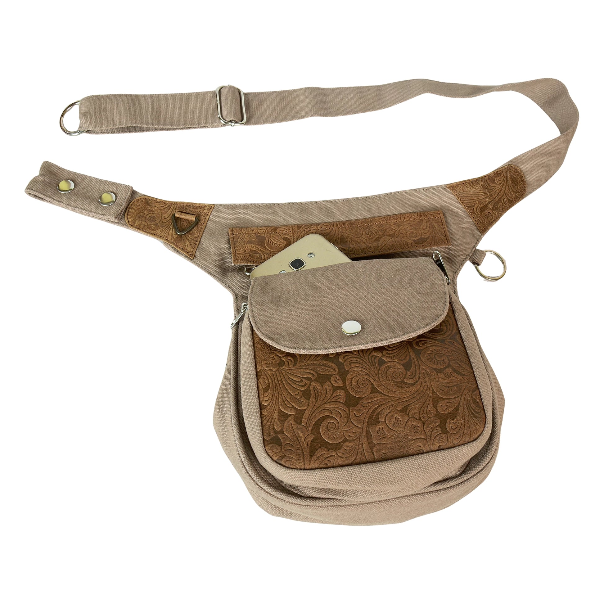 Super-Hannover Bauchtasche aus robustem Canvas Beige mit Echtlederdetails, Frontfach mit Smartphone