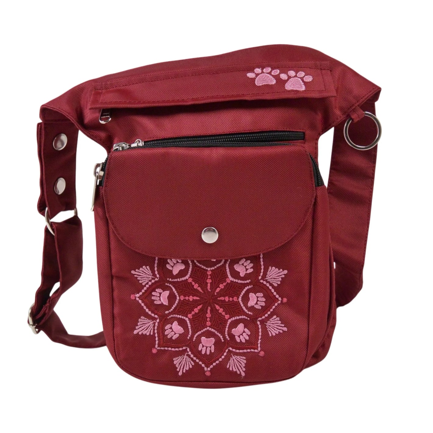 Rote Nijens Gassi-Tasche Hannover aus wasserabweisendem Polyesterstoff mit rosafarbener Mandala-Stickerei und Pfotenmotiv, praktische Bauchtasche für Hundespaziergänge.
