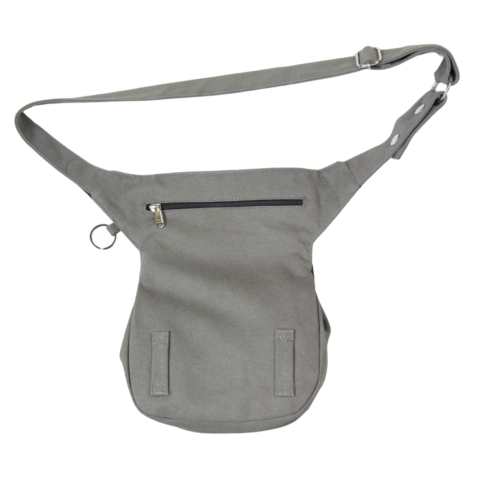 Rückseite der Super-Hannover Tasche in Grau mit speziellen Schlaufen zur Befestigung am Beingurt