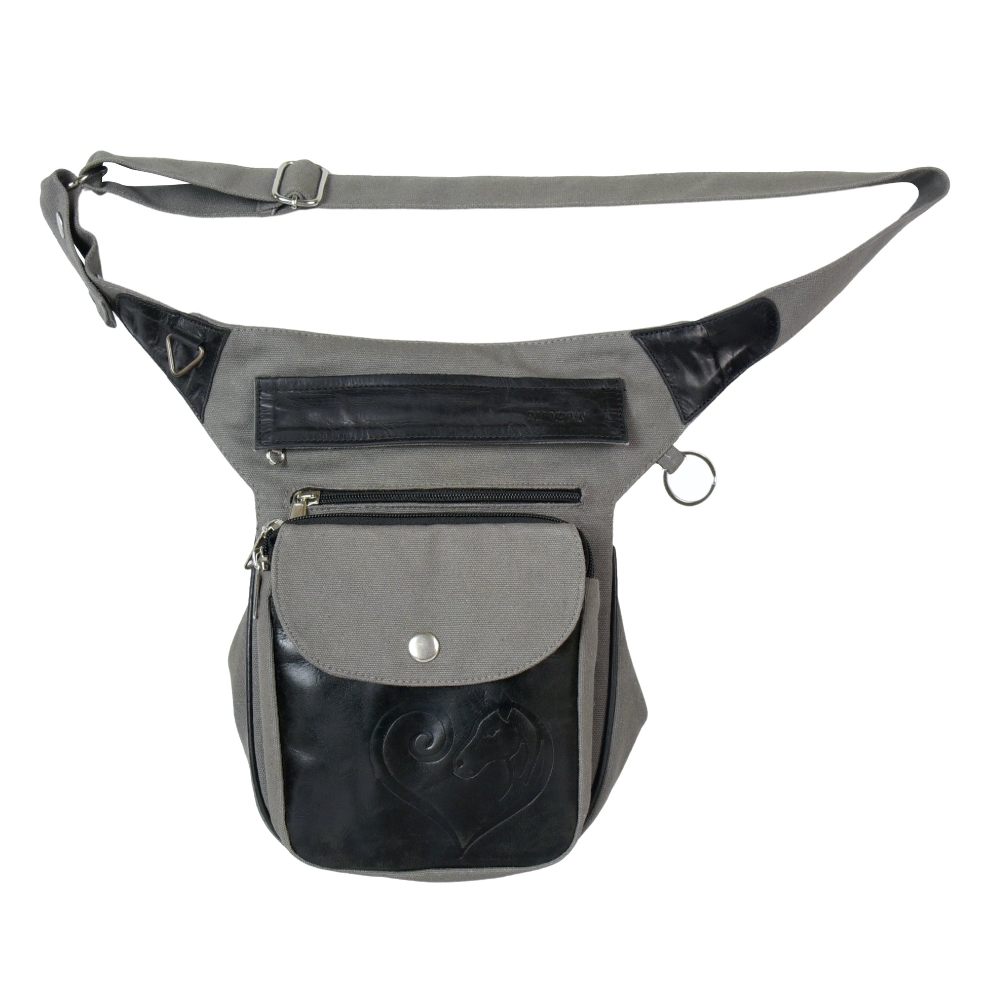 Vorderansicht der Gassitasche Super-Hannover Vintage mit Pferdemotiv auf Lederpatch und robustem Canvasstoff in Grau.