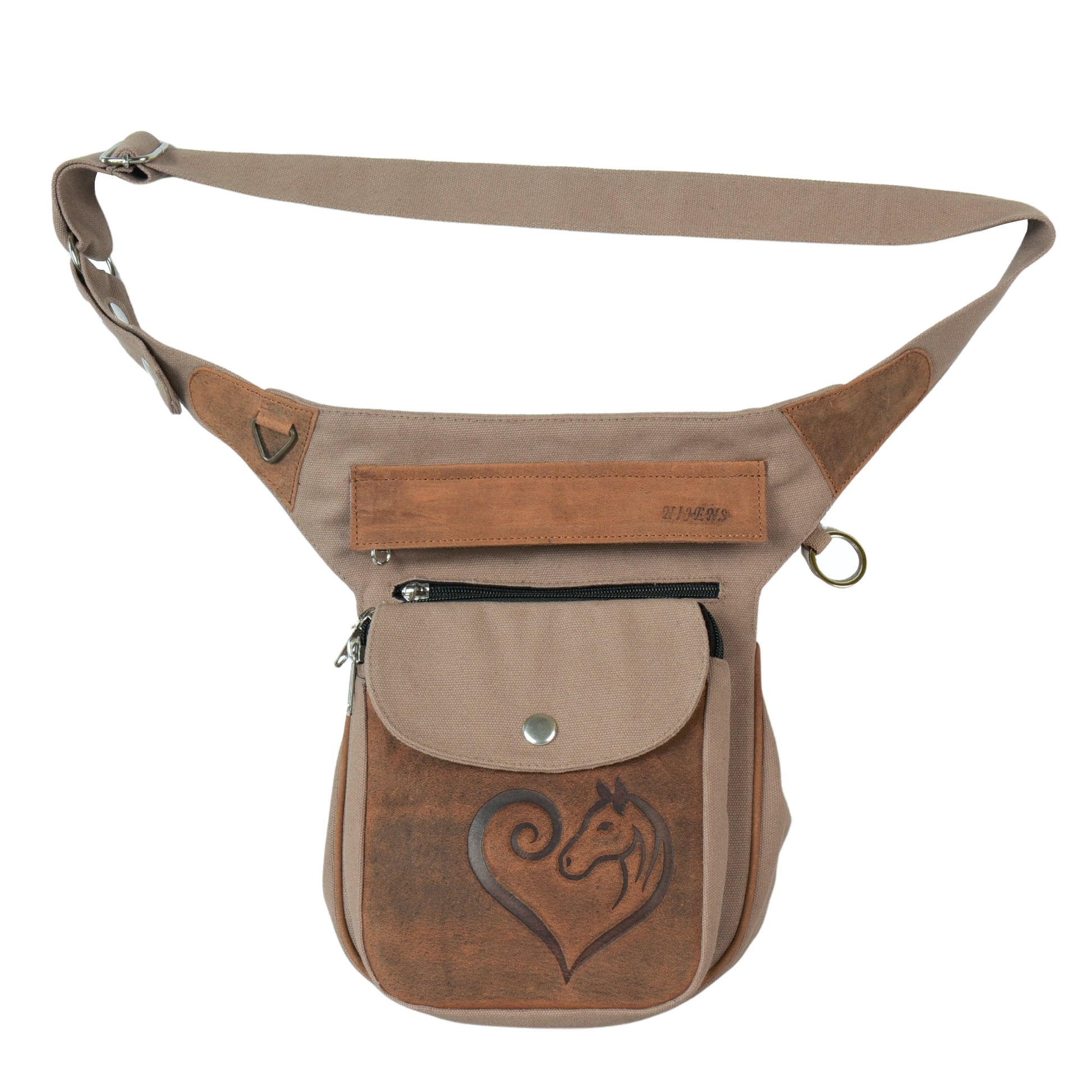 Vorderansicht der Gassitasche Super-Hannover Vintage mit Pferdemotiv auf Lederpatch und robustem Canvasstoff
