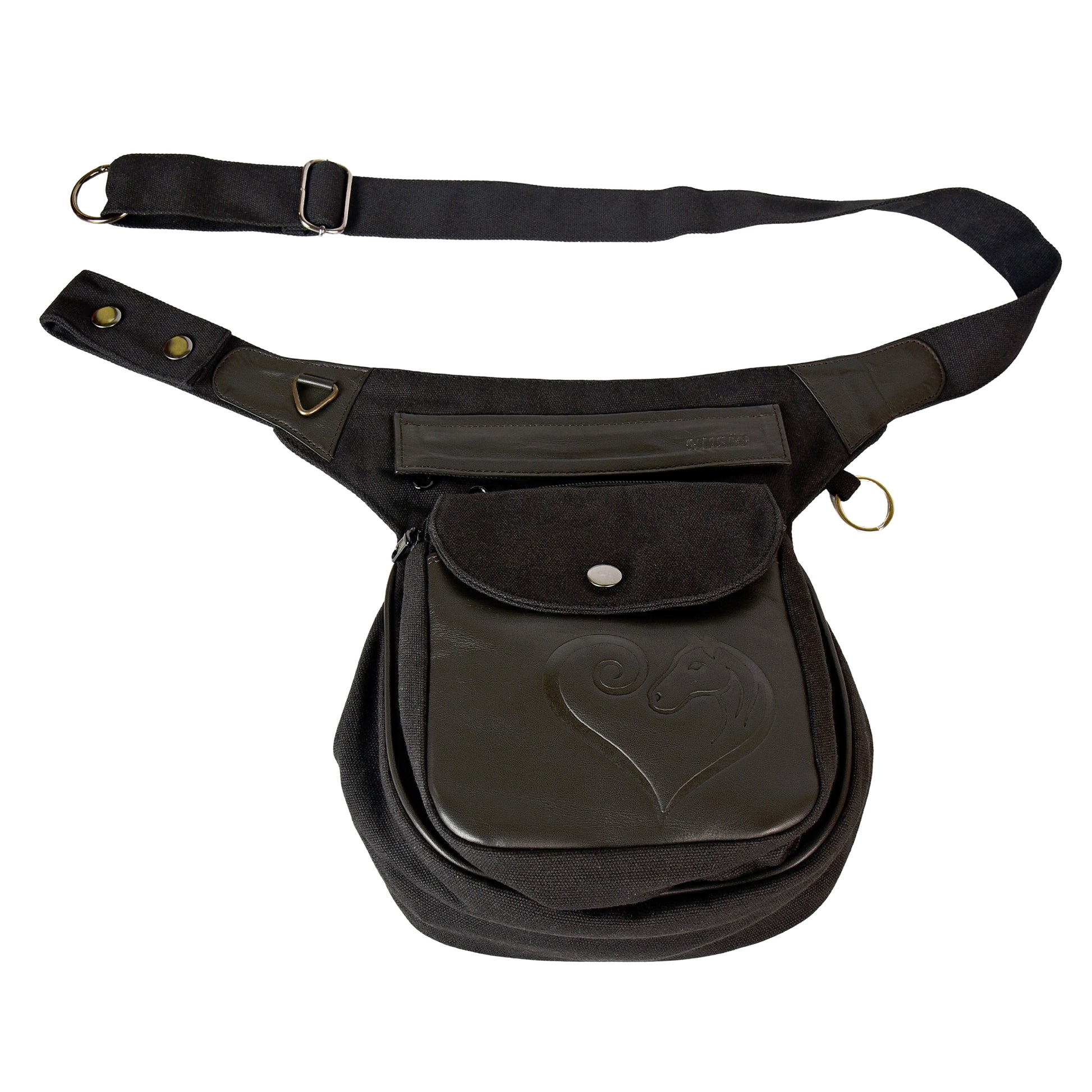 Frontansicht der Super-Hannover Vintage Hüfttasche mit Pferdeherz-Prägung aus Leder