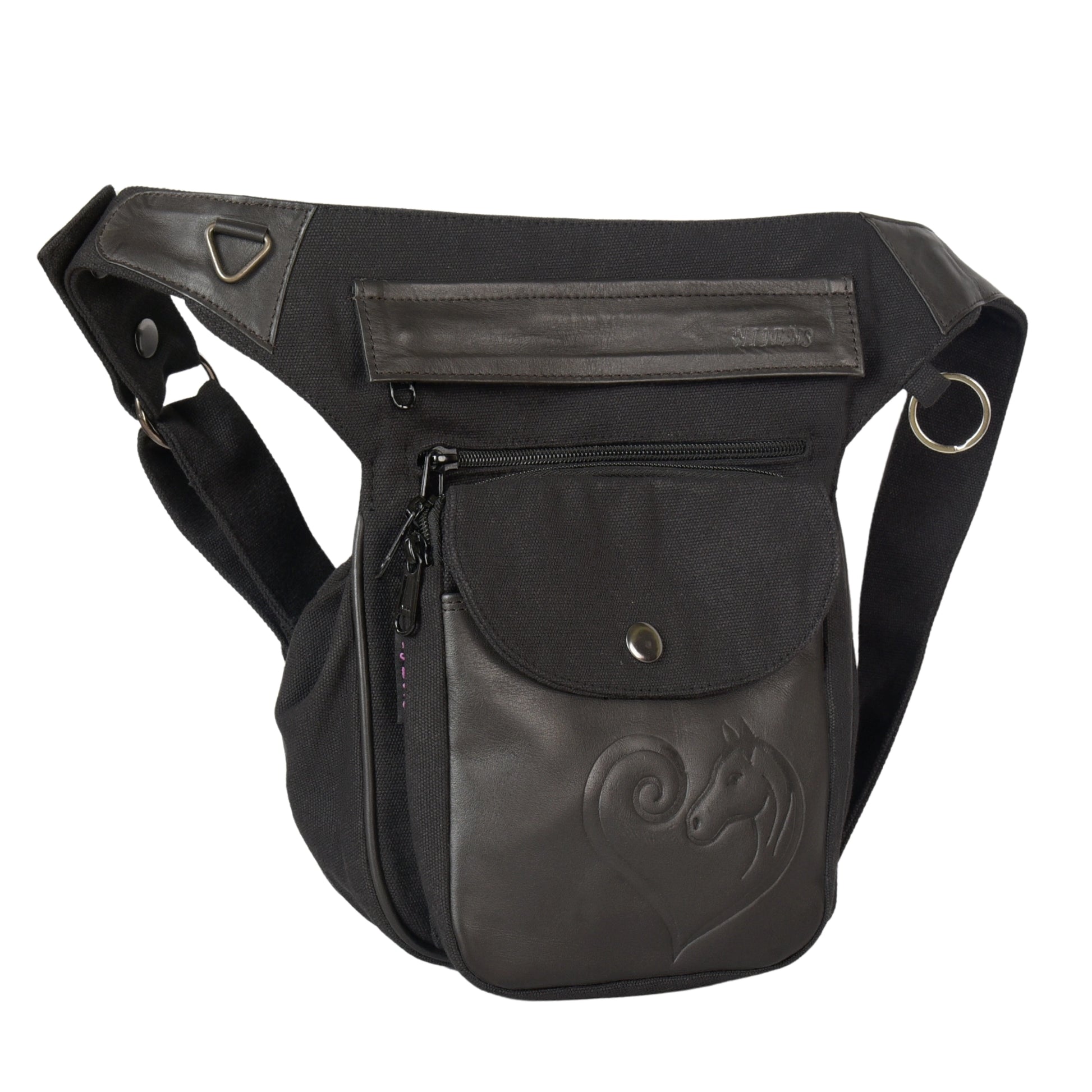 Hüfttasche aus schwarzem Canvas und Leder mit Reißverschlüssen und geprägtem Pferdemotiv