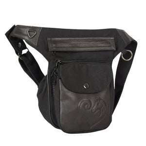 Hüfttasche aus schwarzem Canvas und Leder mit Reißverschlüssen und geprägtem Pferdemotiv