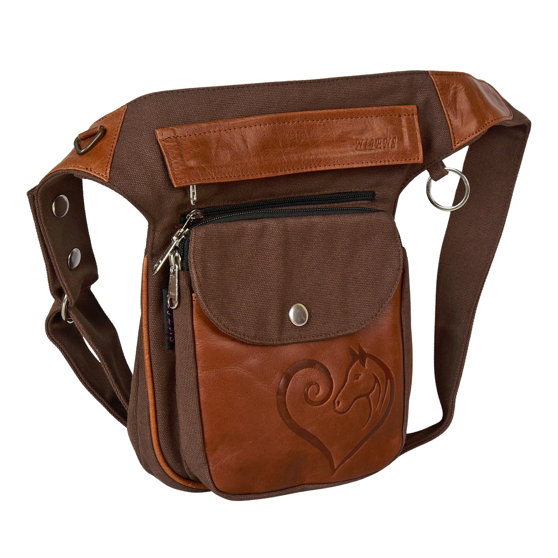 Hüfttasche aus braunem Canvas und Leder mit Reißverschlüssen und geprägtem Pferdemotiv