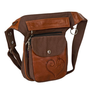 Hüfttasche aus braunem Canvas und Leder mit Reißverschlüssen und geprägtem Pferdemotiv