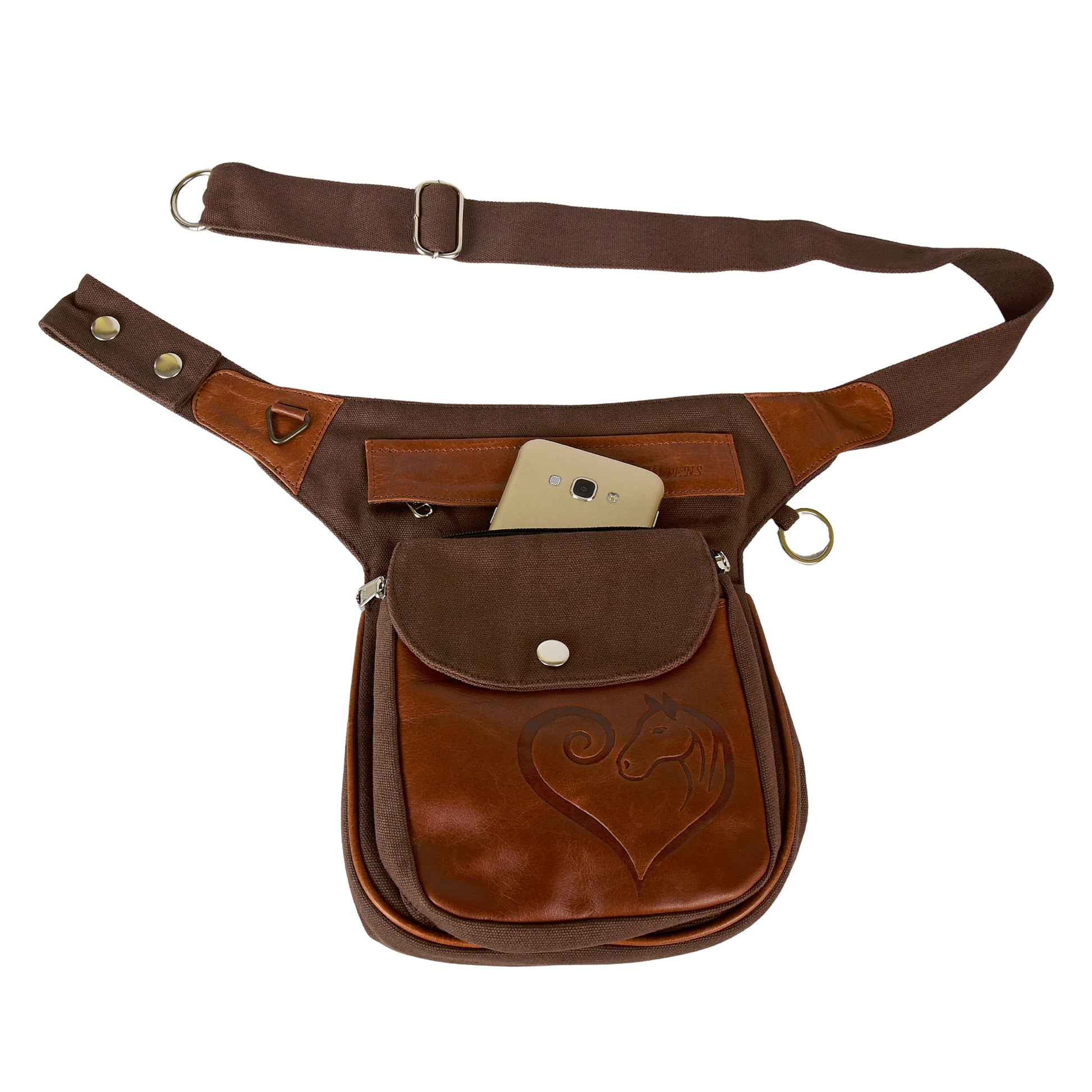 Gassitasche mit geöffnetem Fach – Handy steckt in der Fronttasche