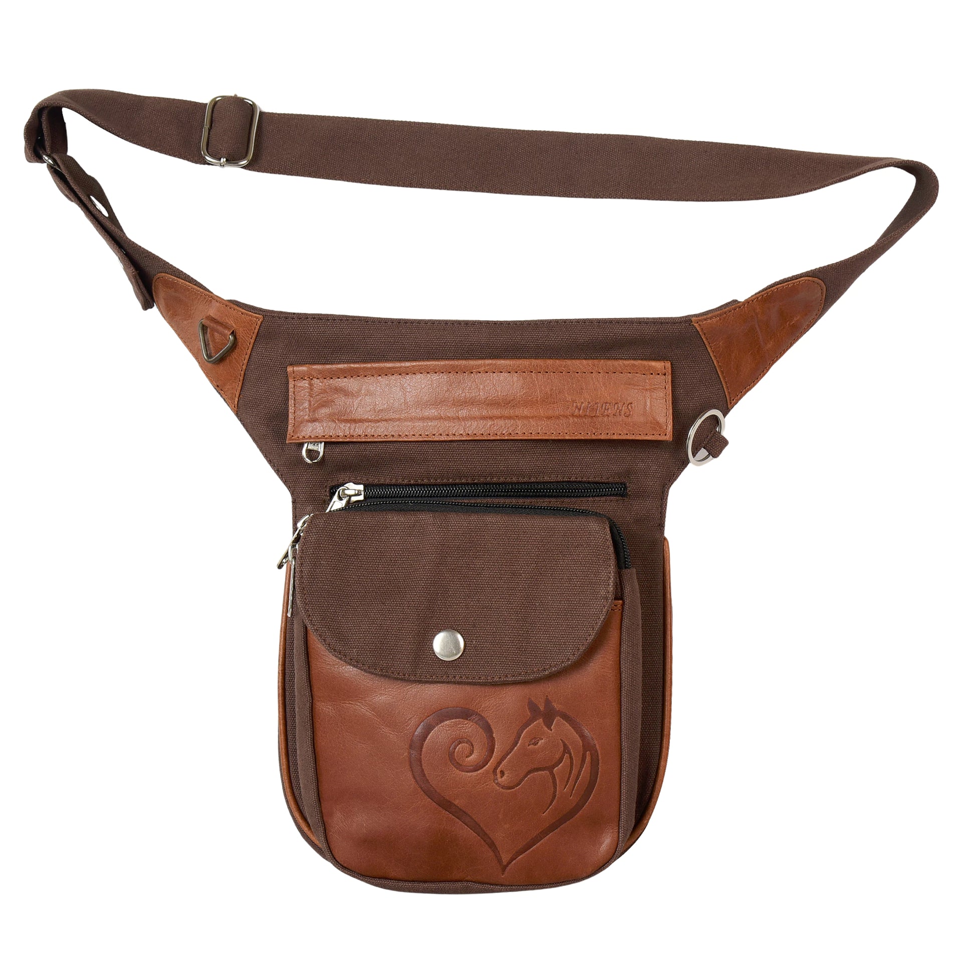 Komplette Vorderansicht der Tasche in Braun mit verstellbarem Gurt und D-Ring für Zubehör