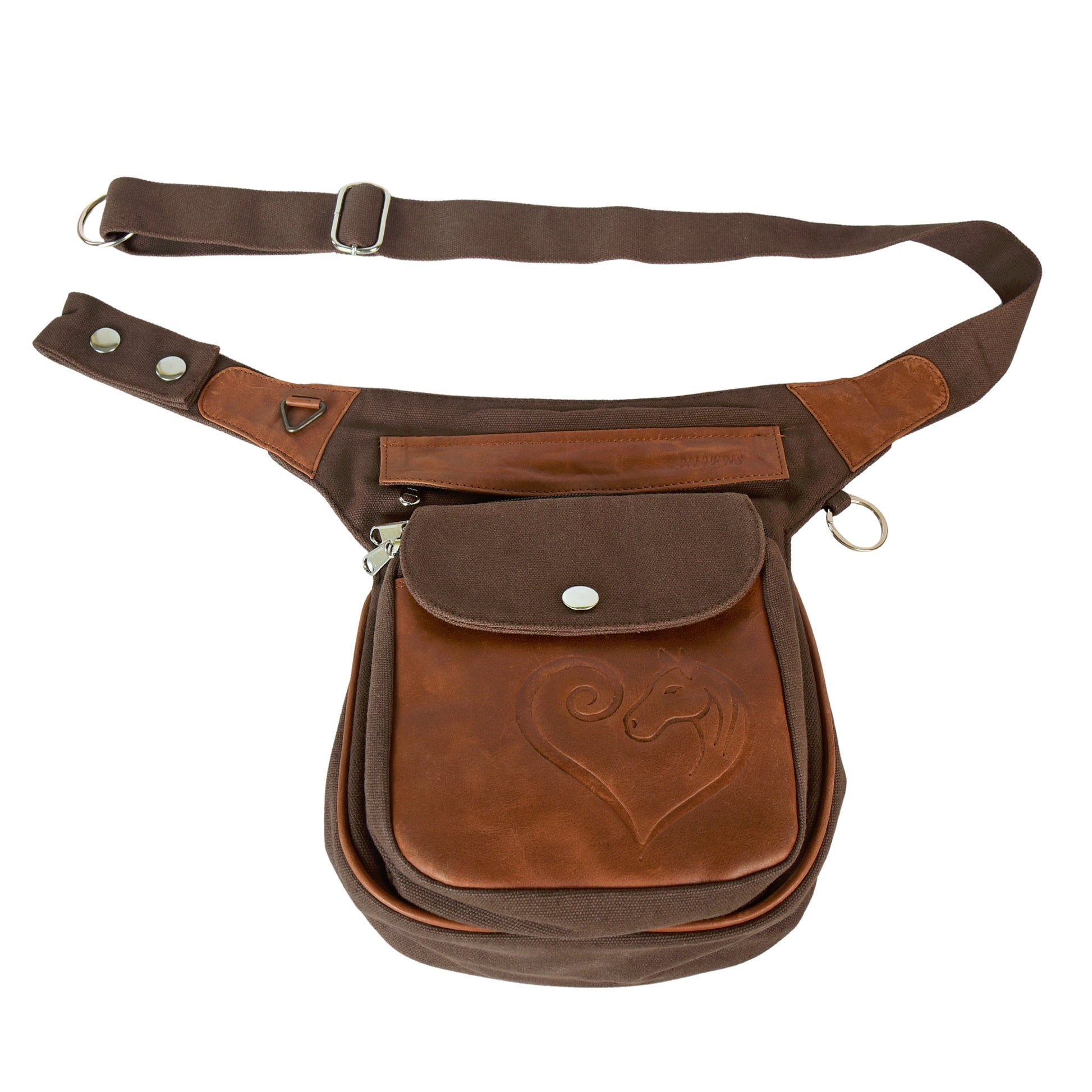 Frontansicht der Super-Hannover Vintage Hüfttasche mit Pferdeherz-Prägung aus Leder Brandy