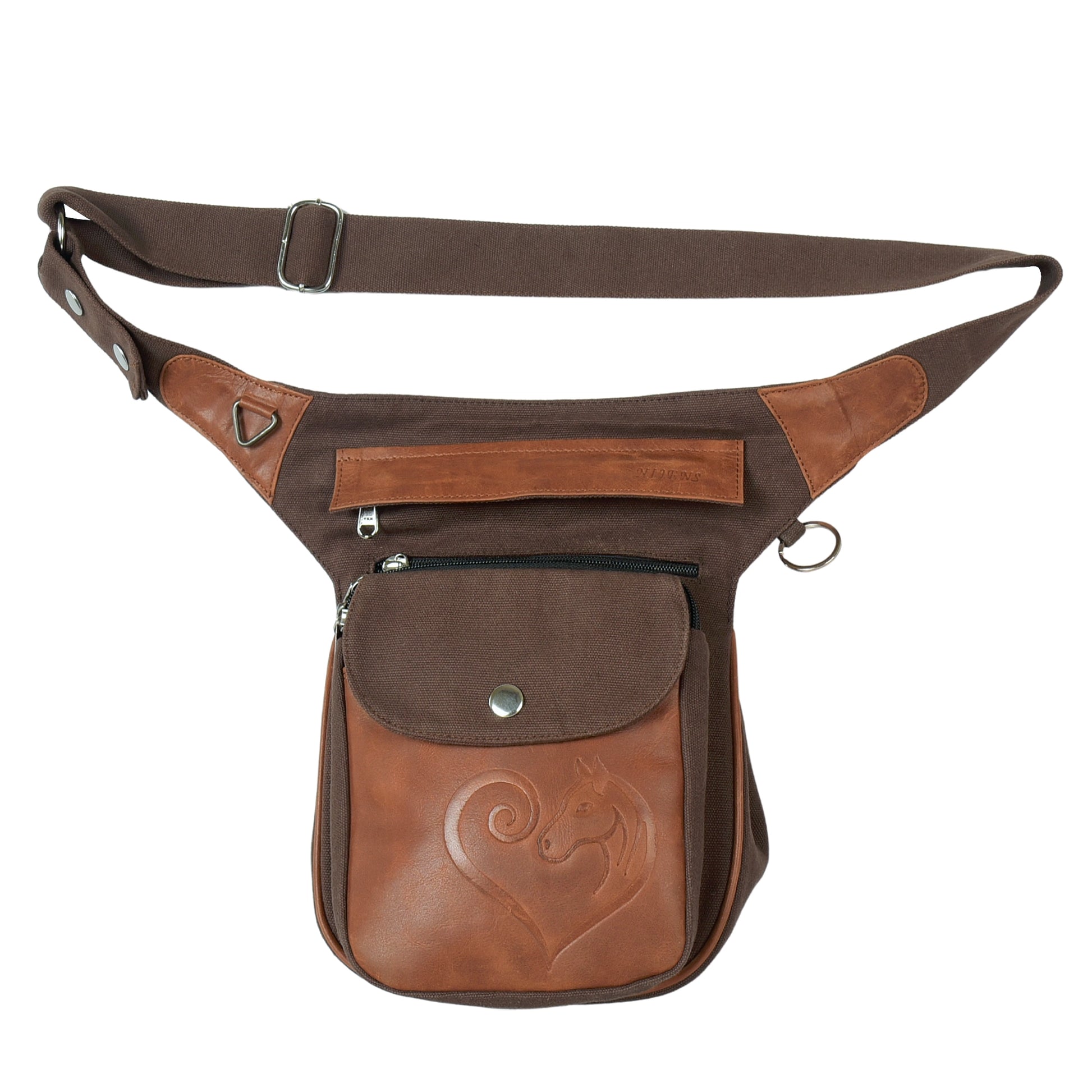 Hüfttasche aus braunem Canvas und Leder Brandy mit Reißverschlüssen und geprägtem Pferdemotiv - Frontansicht